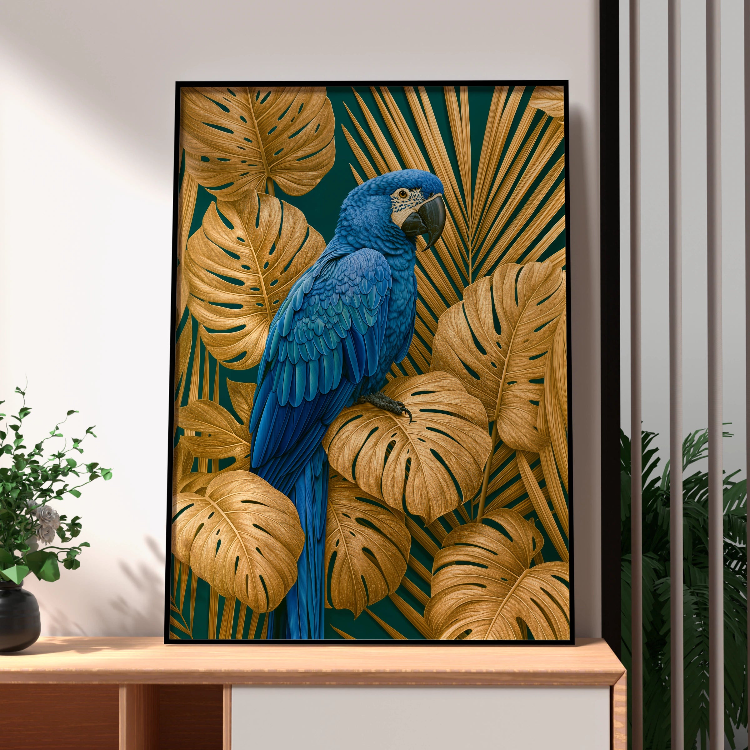 Blue Macaw Parrot Poster, Gold Tropical Leaves Wall Art, Teal Bird Print