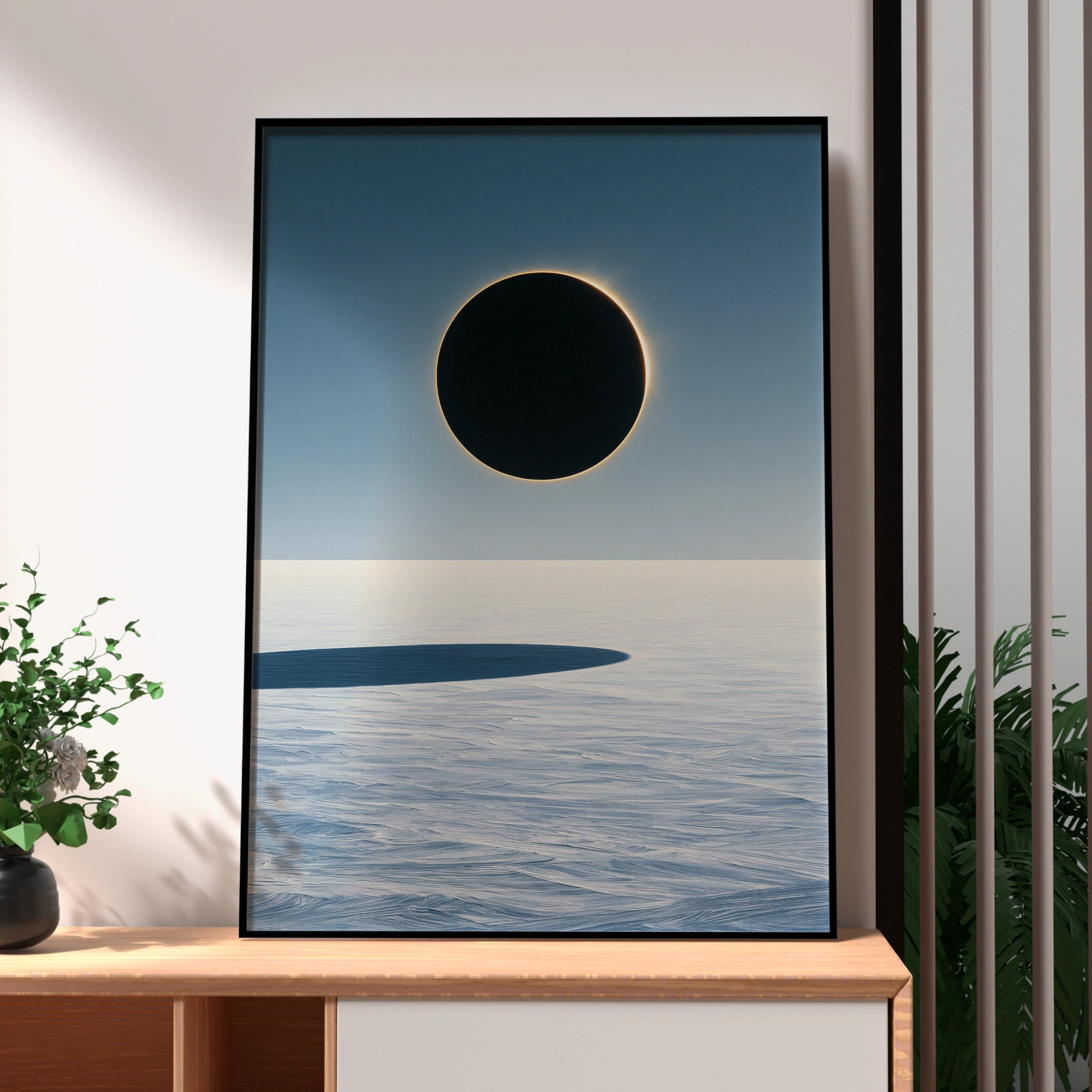 Black Sun Solar Eclipse Poster, Arctic Snow Landscape, Minimalist Wall Art