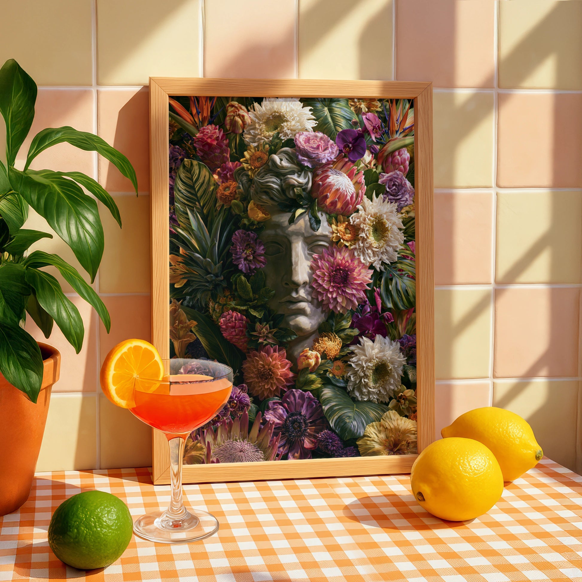 Roman Statue Floral Poster, Greek Bust Tropical Plants, Bold Botanical Wall Art