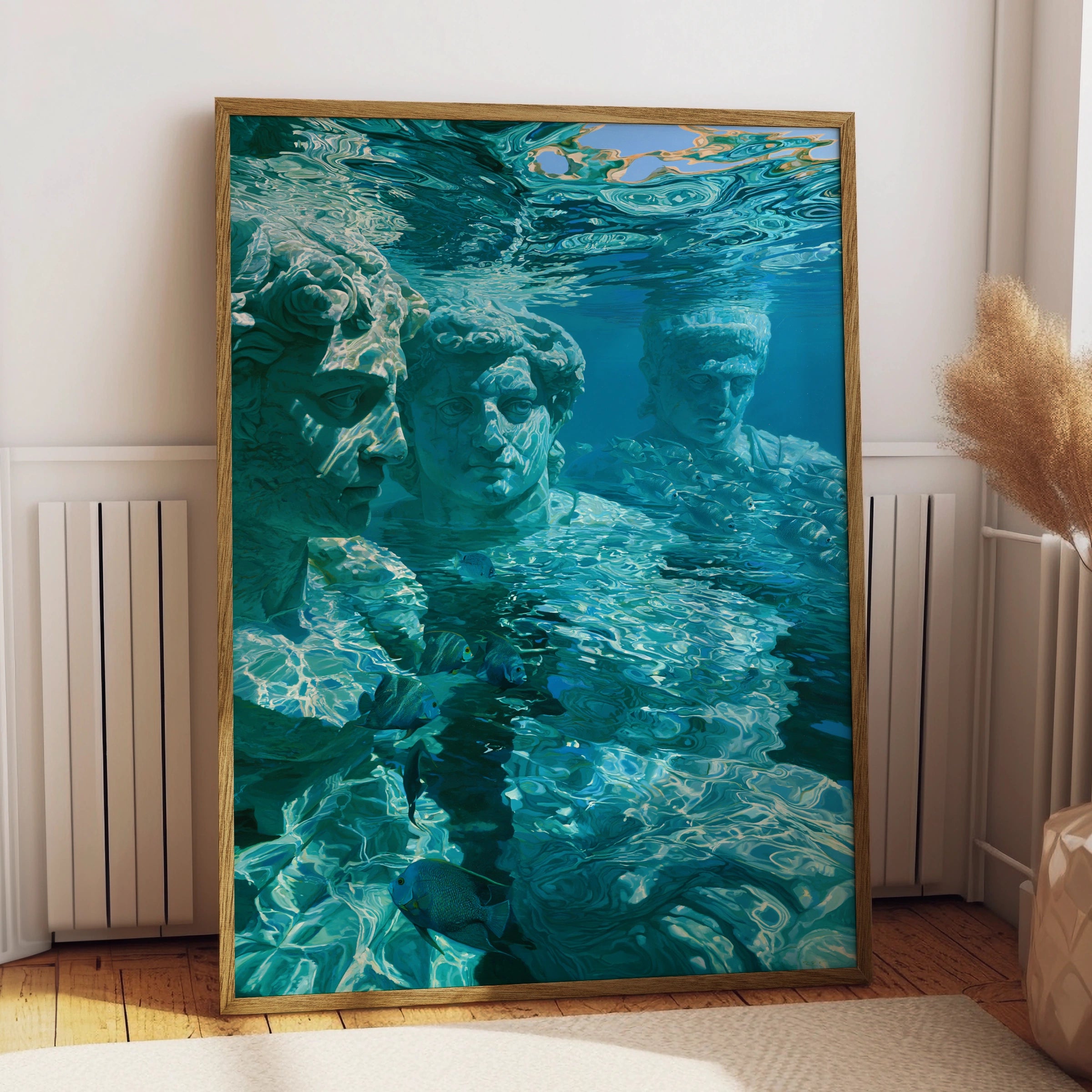 Roman Statues Underwater Wall Art Poster, Ancient Greek Sculpture Print, Teal