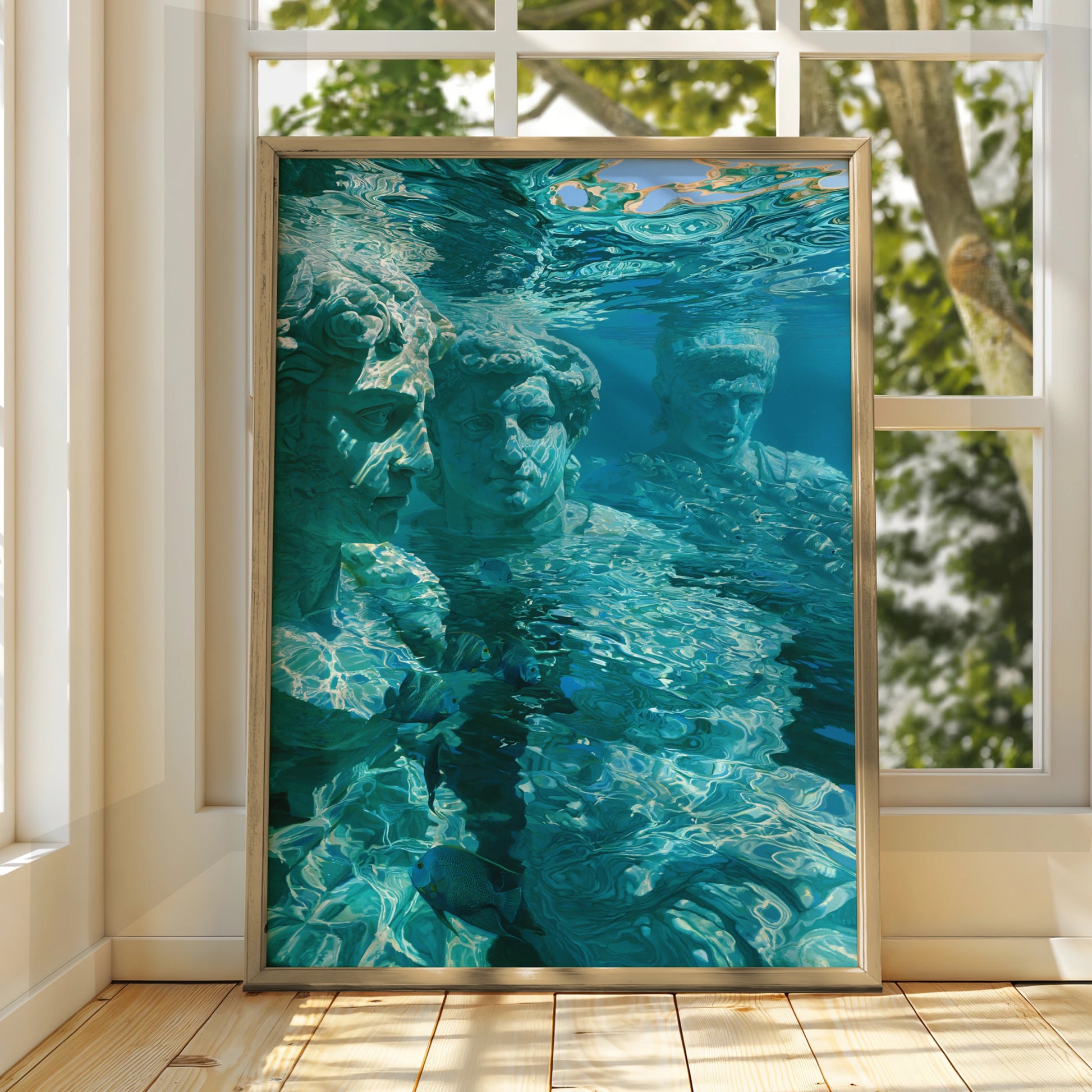 Roman Statues Underwater Wall Art Poster, Ancient Greek Sculpture Print, Teal