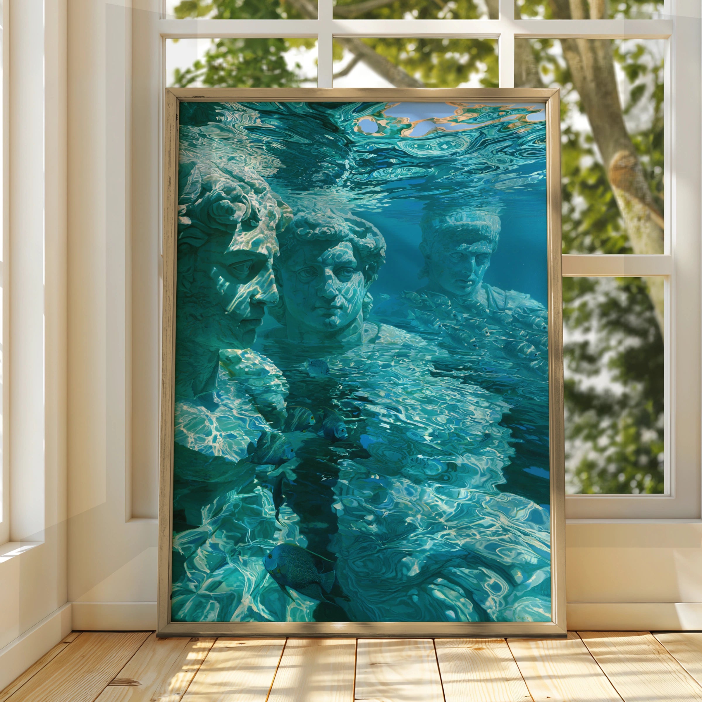 Roman Statues Underwater Wall Art Poster, Ancient Greek Sculpture Print, Teal