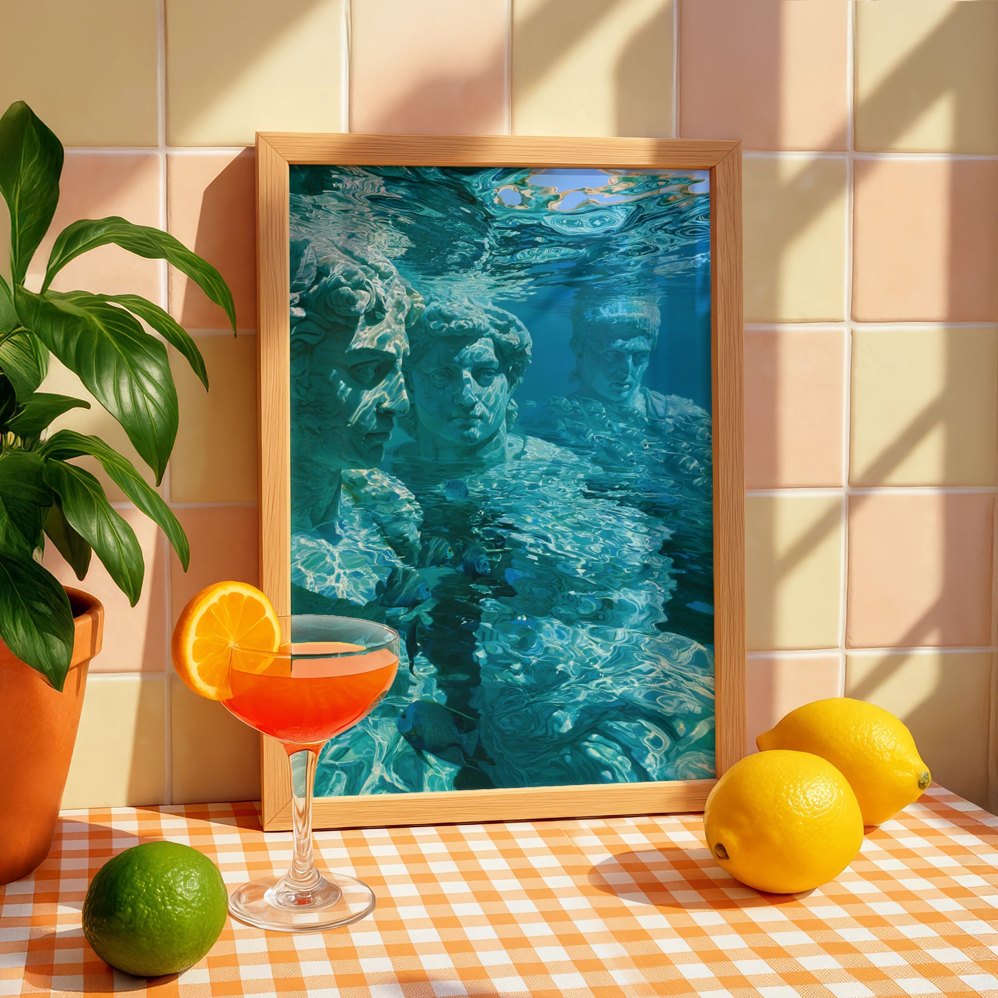 Roman Statues Underwater Wall Art Poster, Ancient Greek Sculpture Print, Teal