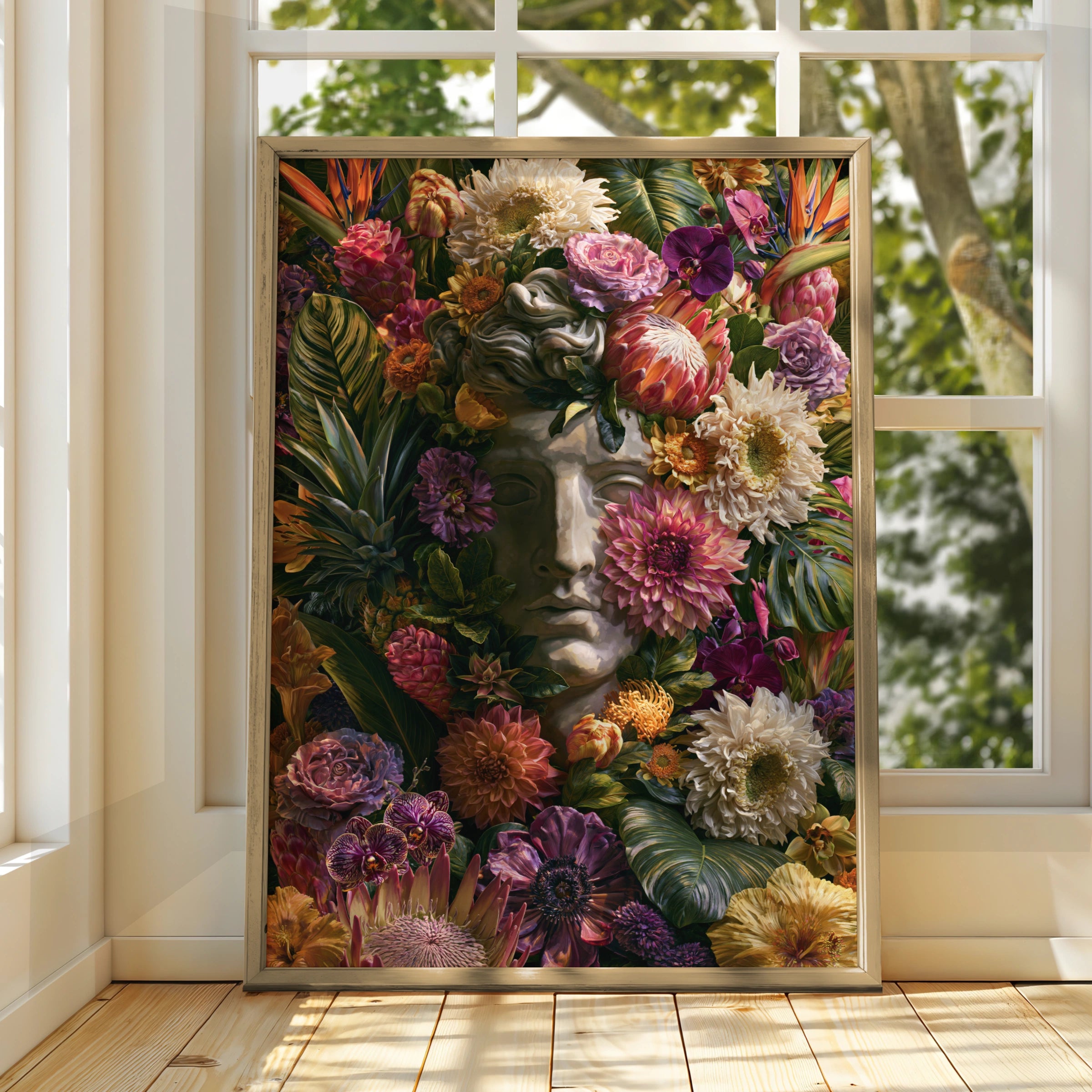 Roman Statue Floral Poster, Greek Bust Tropical Plants, Bold Botanical Wall Art