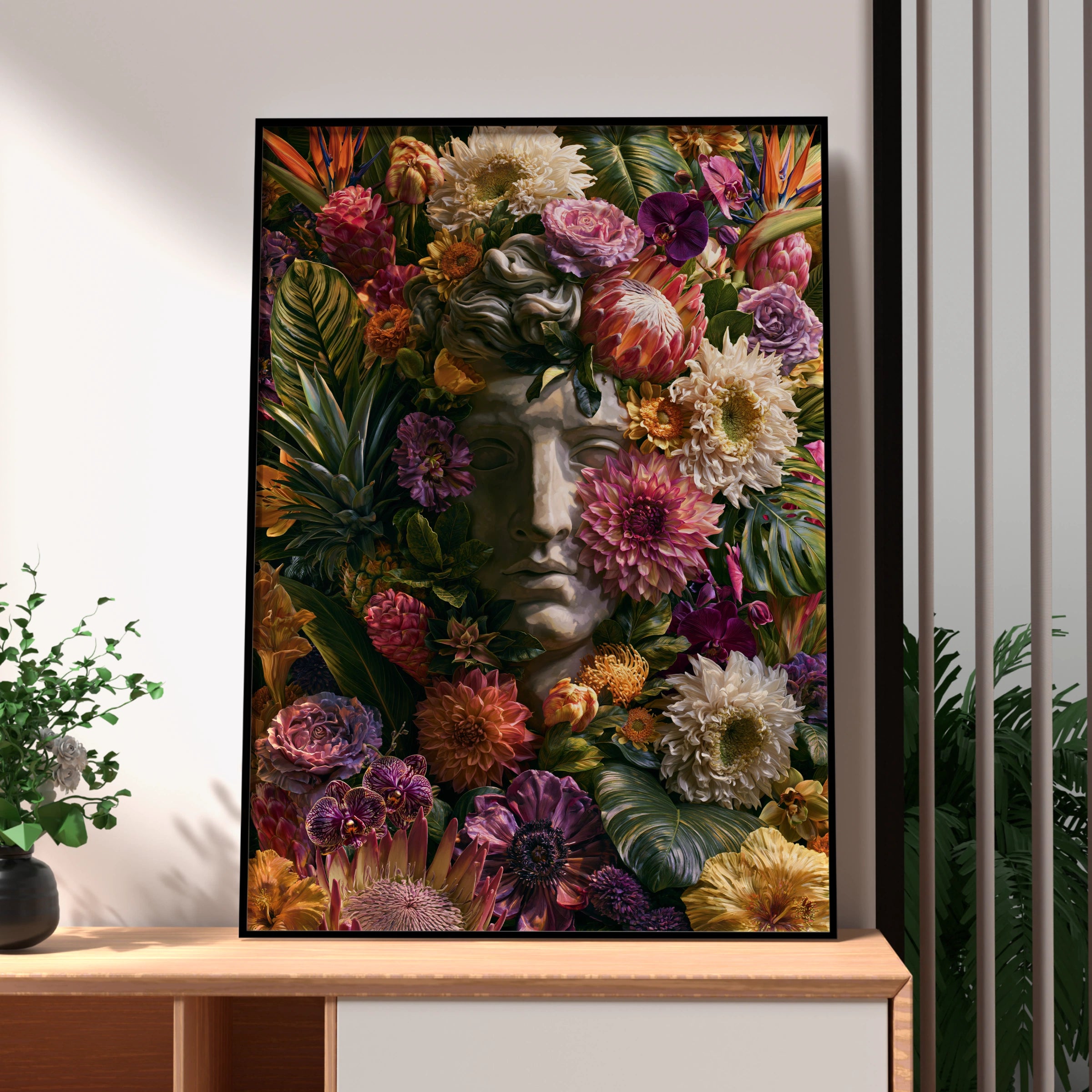 Roman Statue Floral Poster, Greek Bust Tropical Plants, Bold Botanical Wall Art