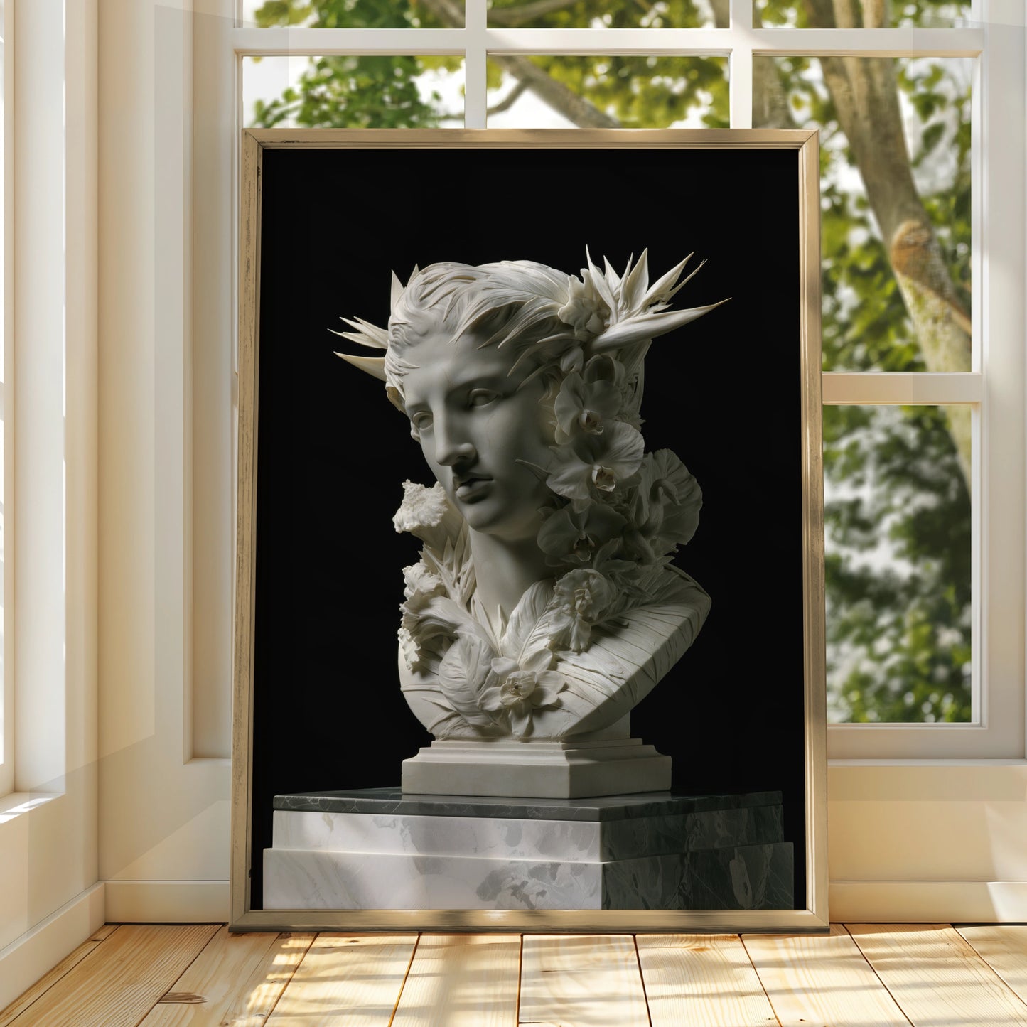 Roman Statue Bust Poster, Marble Goddess Floral Sculpture, Neoclassical Wall Art