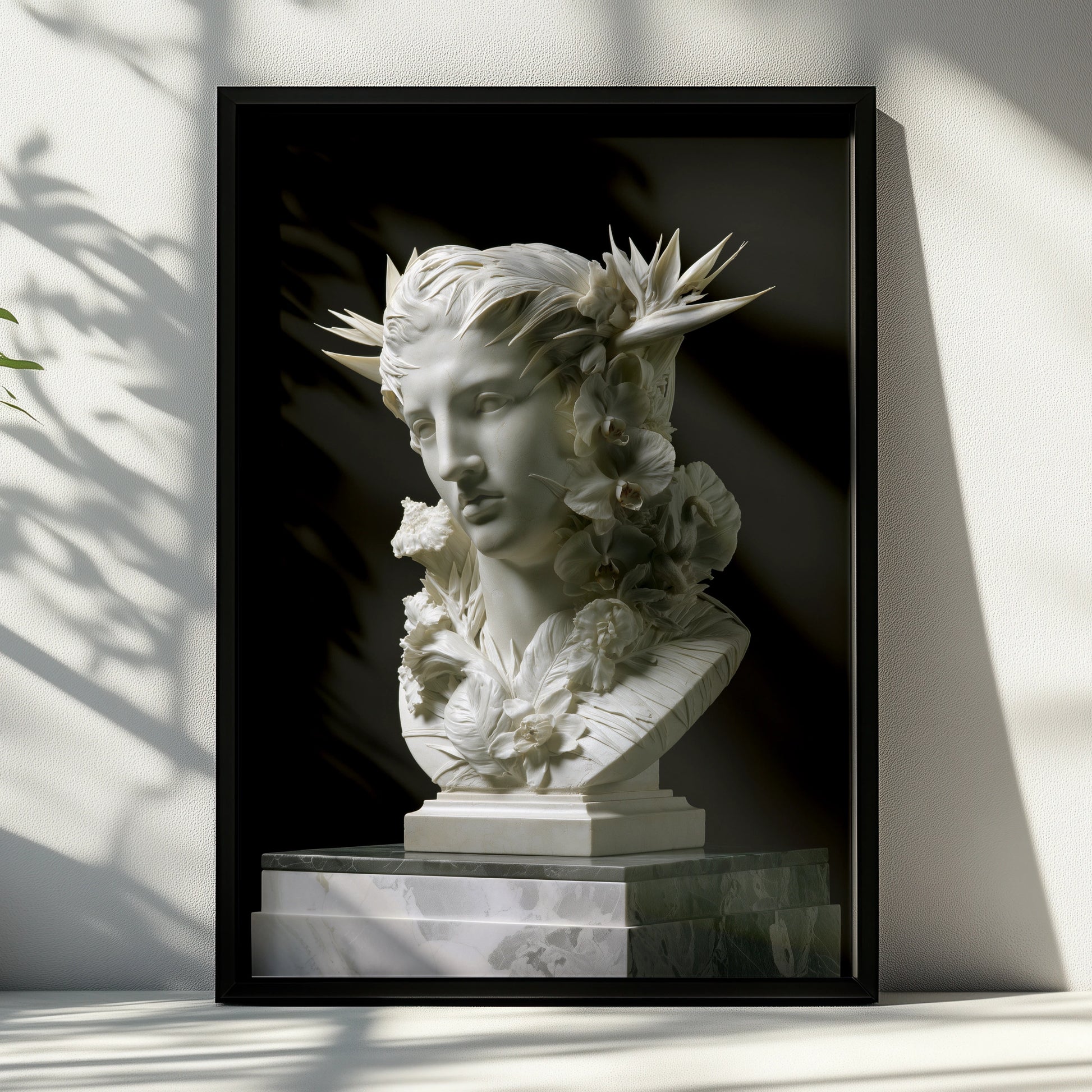 Roman Statue Bust Poster, Marble Goddess Floral Sculpture, Neoclassical Wall Art