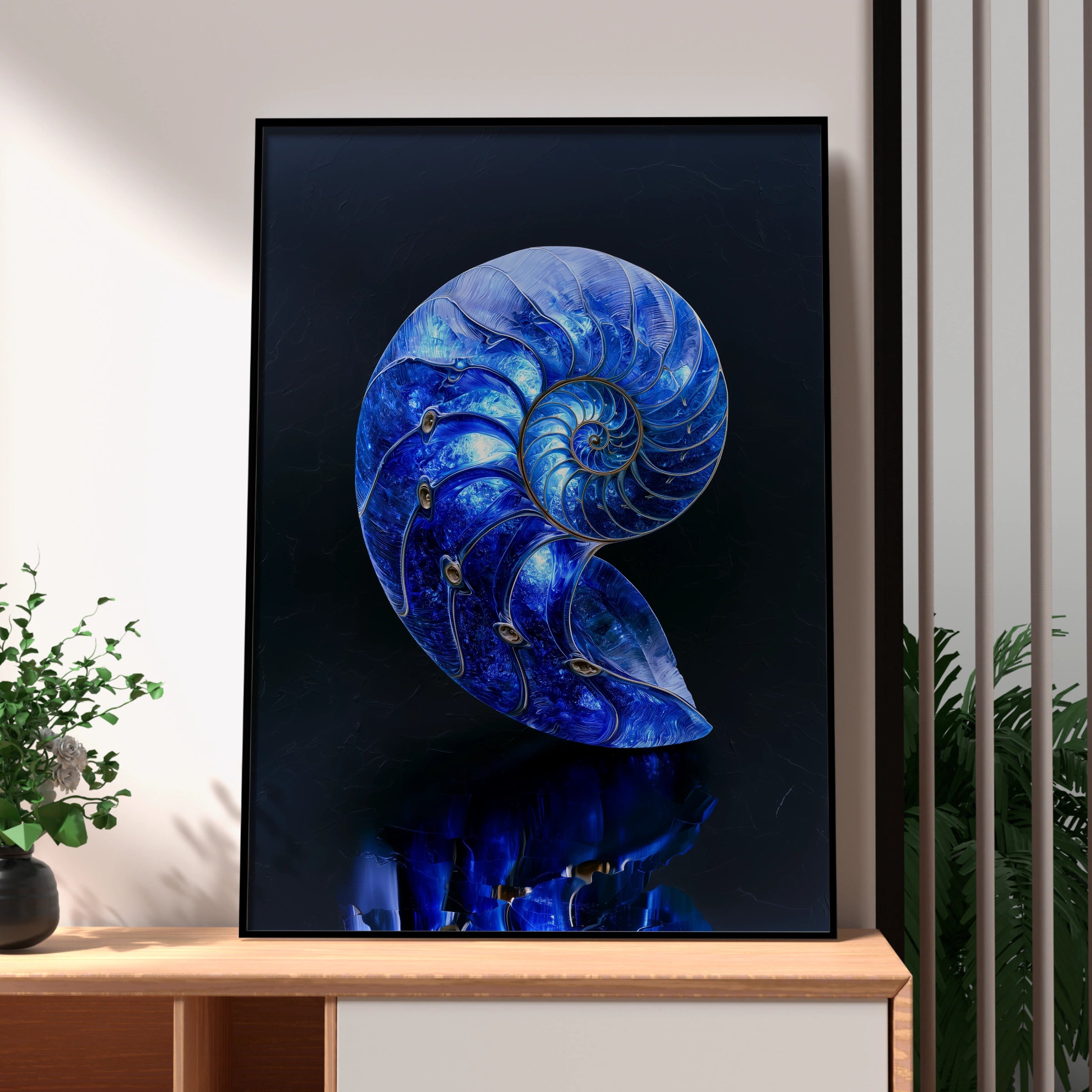 Sapphire Nautilus Shell Poster, Blue Spiral Art Print, Ocean Nature Wall Art