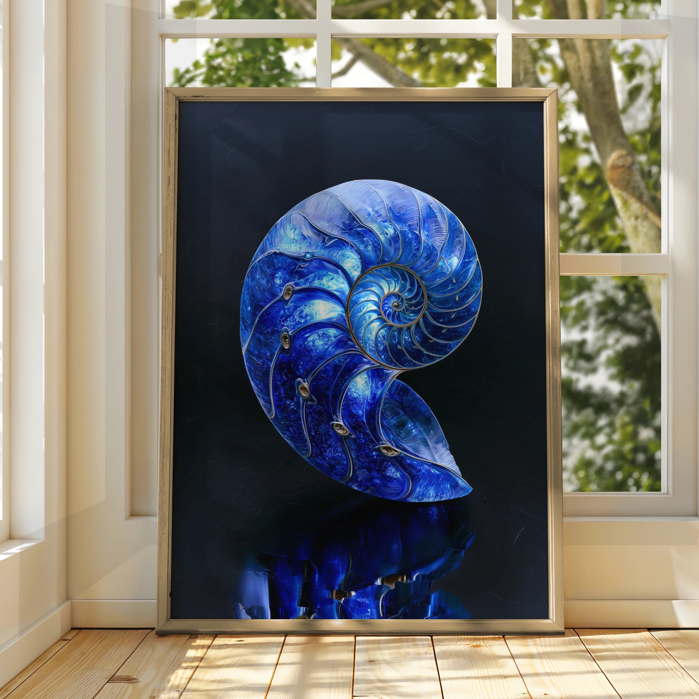 Sapphire Nautilus Shell Poster, Blue Spiral Art Print, Ocean Nature Wall Art