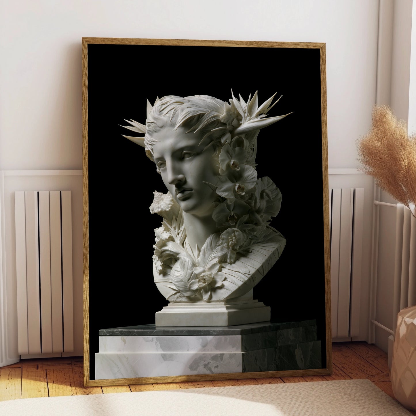 Roman Statue Bust Poster, Marble Goddess Floral Sculpture, Neoclassical Wall Art