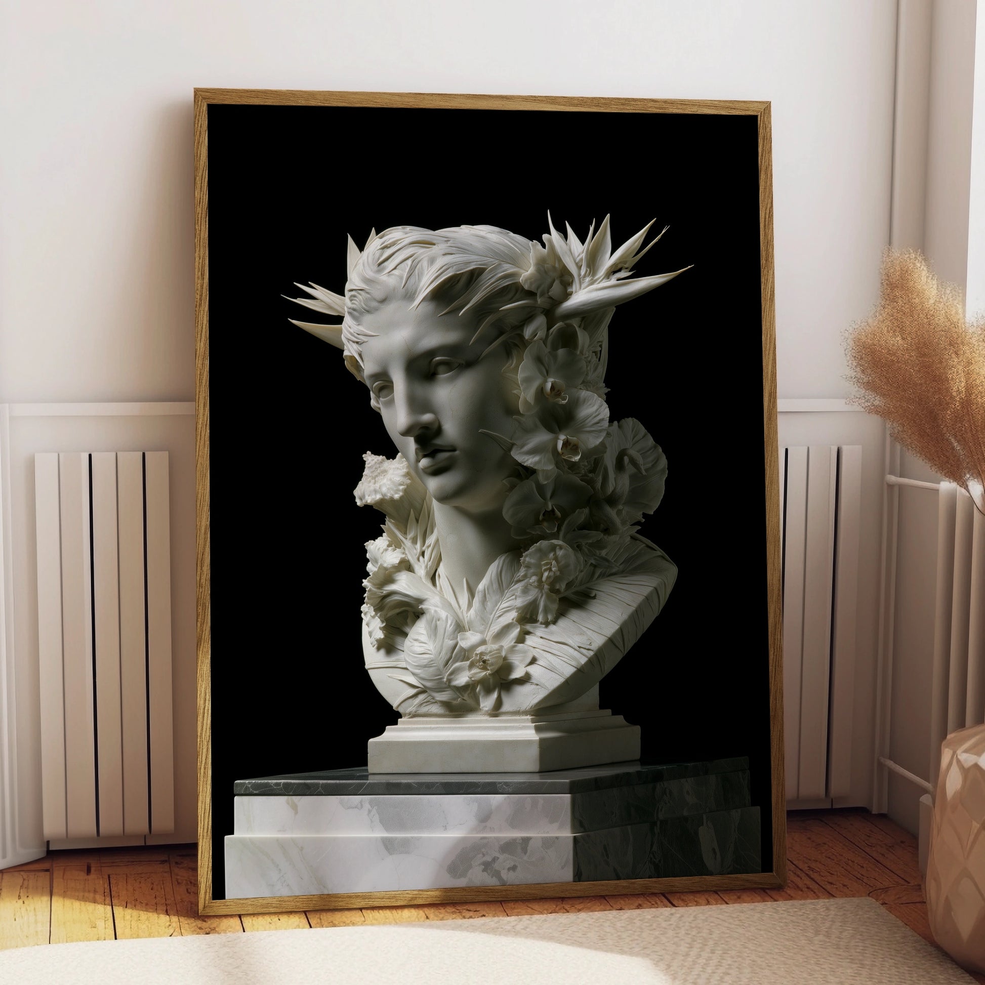 Roman Statue Bust Poster, Marble Goddess Floral Sculpture, Neoclassical Wall Art