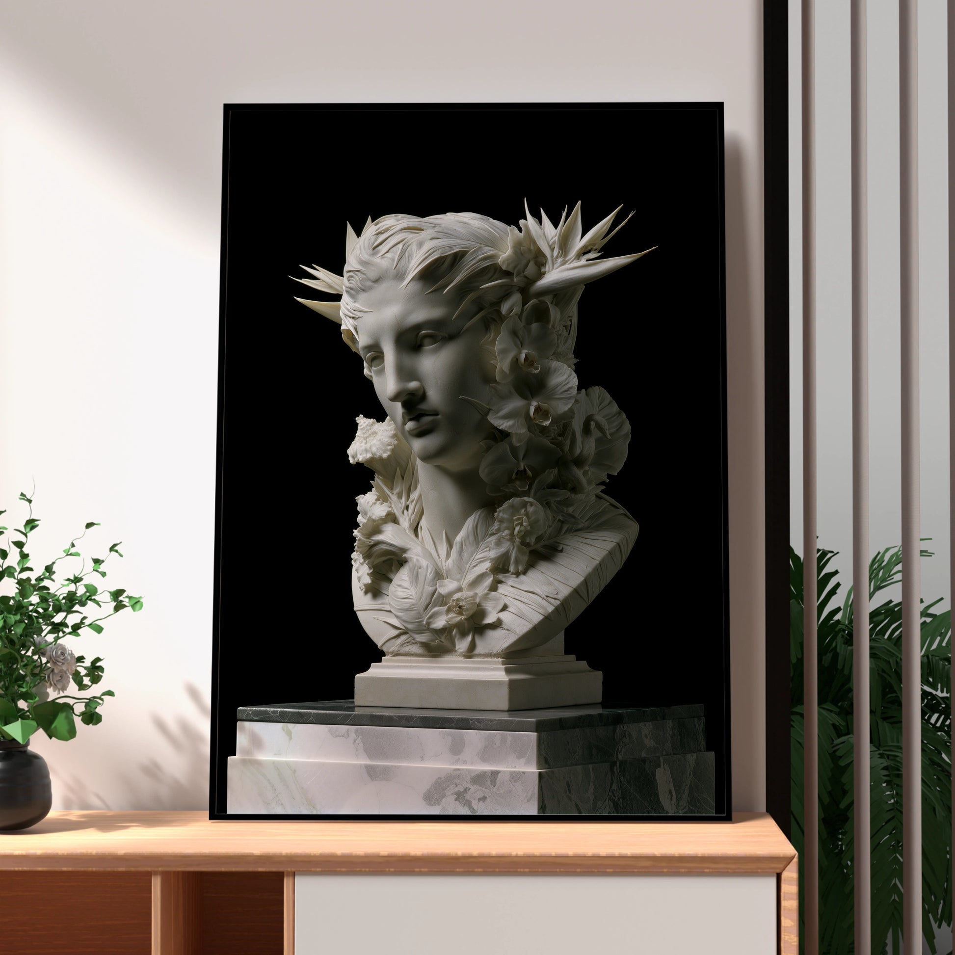 Roman Statue Bust Poster, Marble Goddess Floral Sculpture, Neoclassical Wall Art