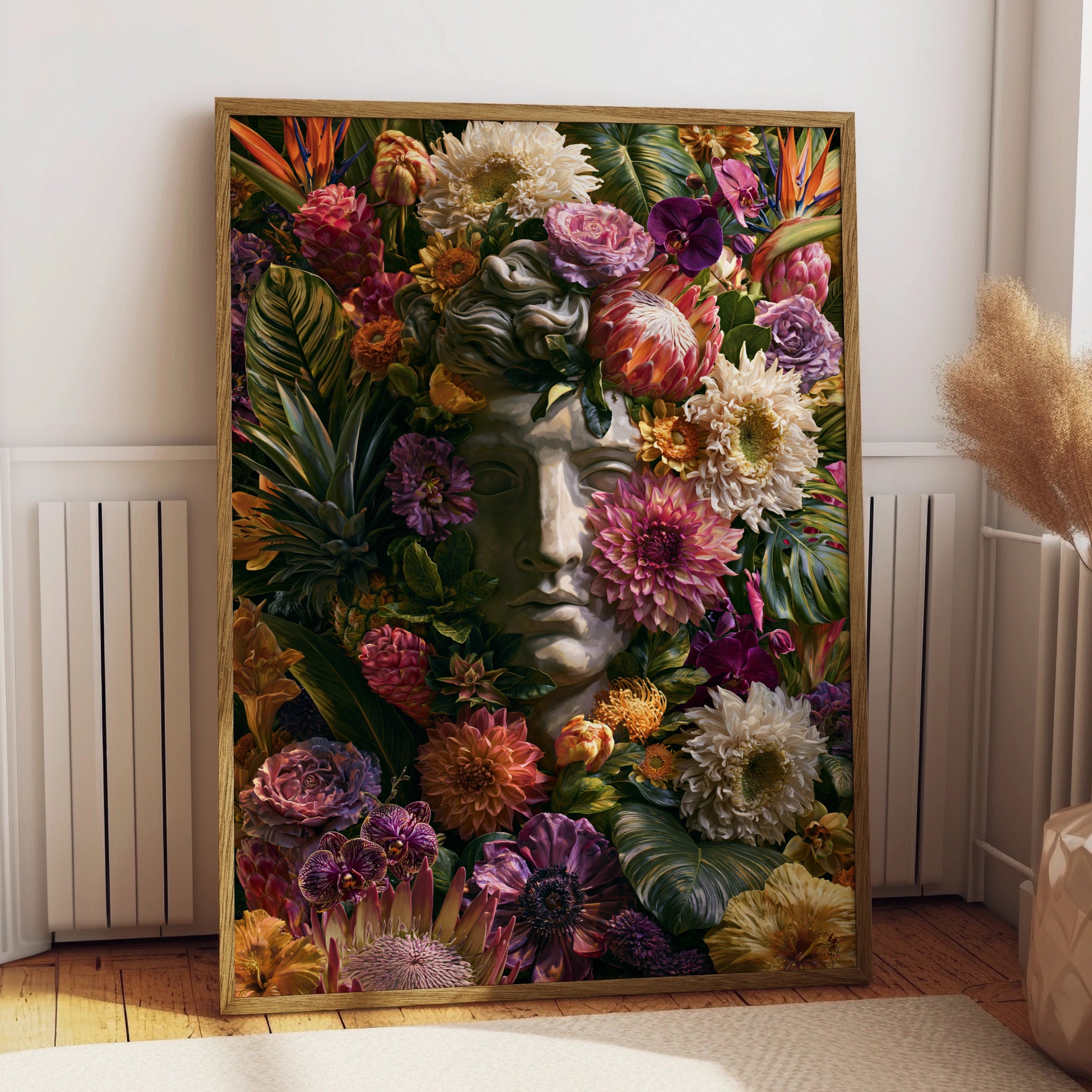 Roman Statue Floral Poster, Greek Bust Tropical Plants, Bold Botanical Wall Art