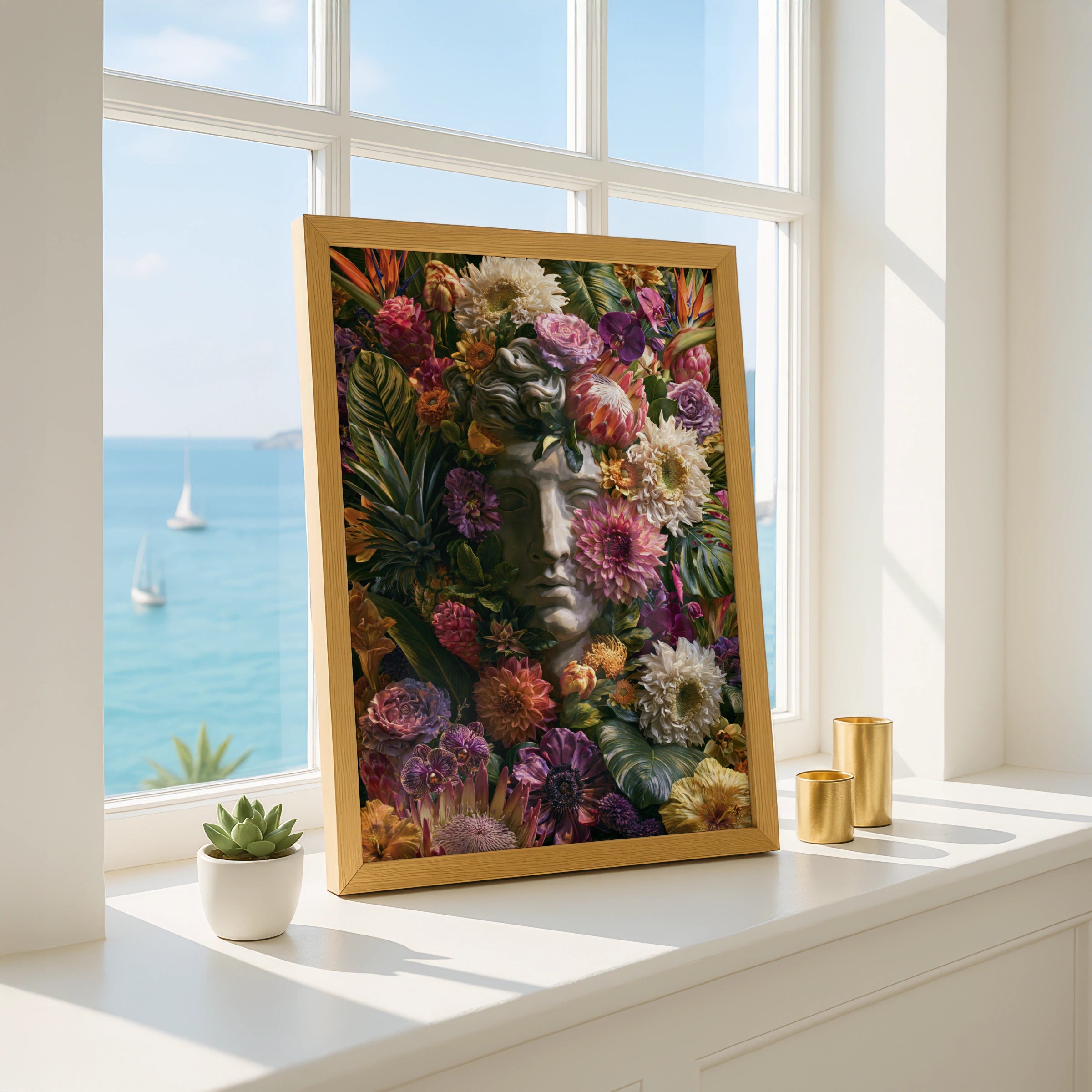 Roman Statue Floral Poster, Greek Bust Tropical Plants, Bold Botanical Wall Art