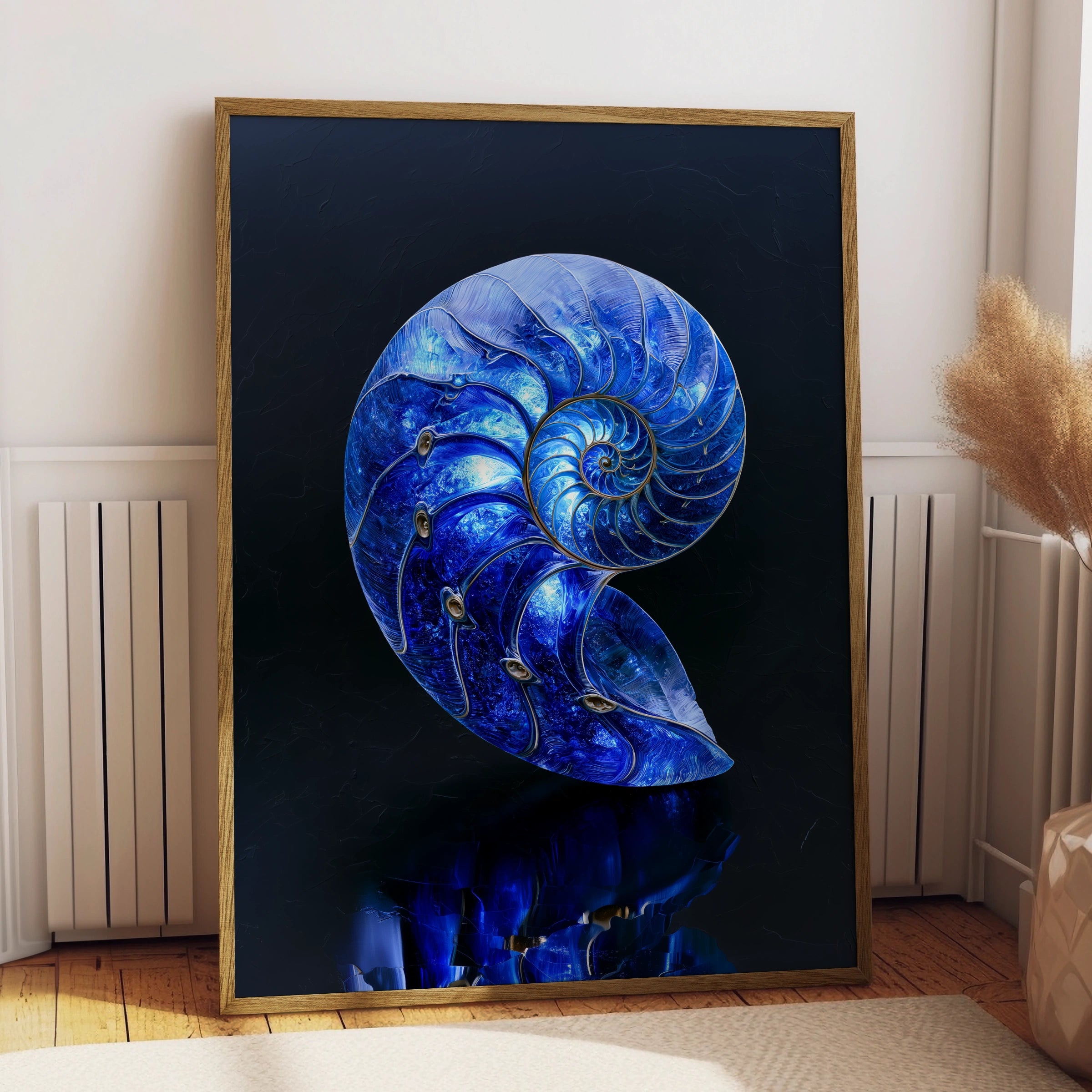 Sapphire Nautilus Shell Poster, Blue Spiral Art Print, Ocean Nature Wall Art