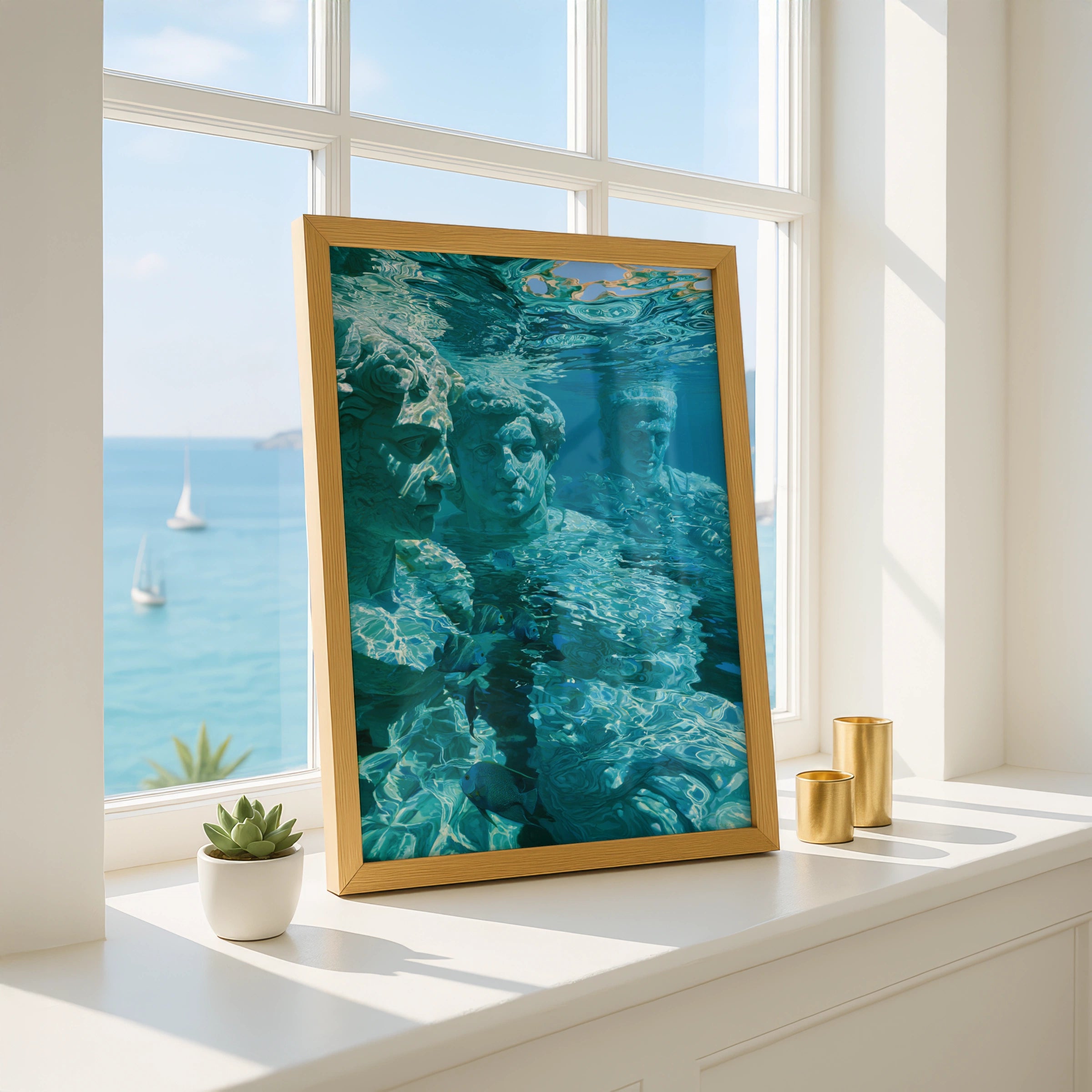 Roman Statues Underwater Wall Art Poster, Ancient Greek Sculpture Print, Teal