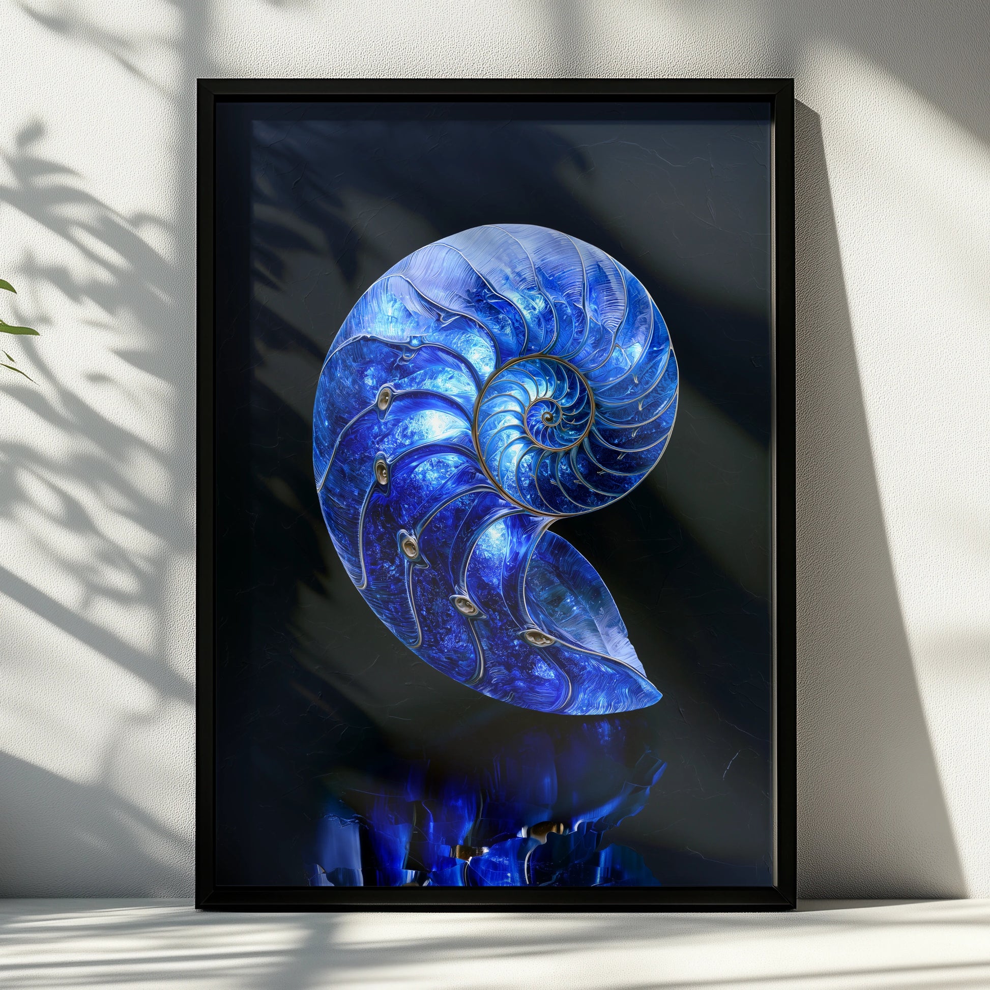 Sapphire Nautilus Shell Poster, Blue Spiral Art Print, Ocean Nature Wall Art