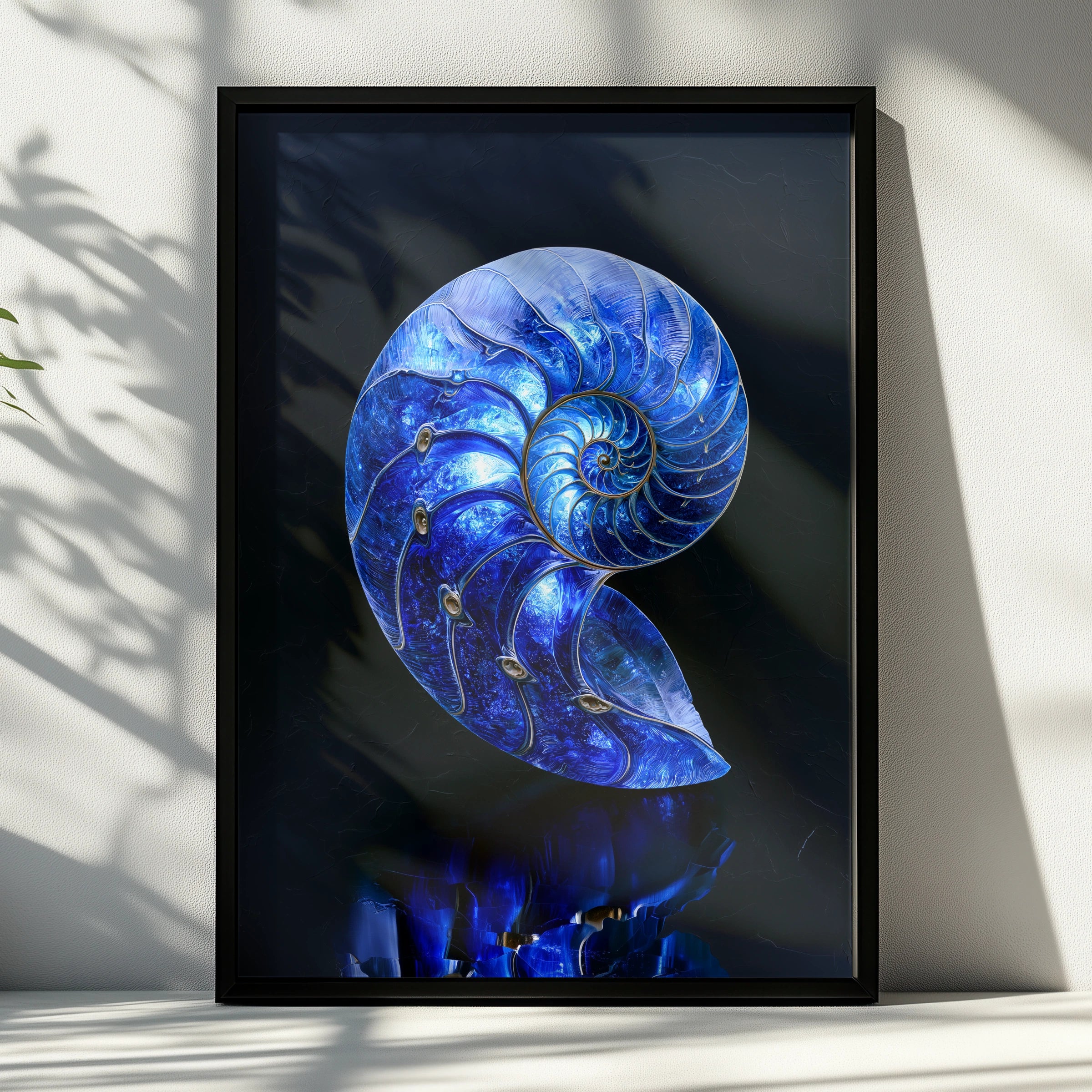 Sapphire Nautilus Shell Poster, Blue Spiral Art Print, Ocean Nature Wall Art