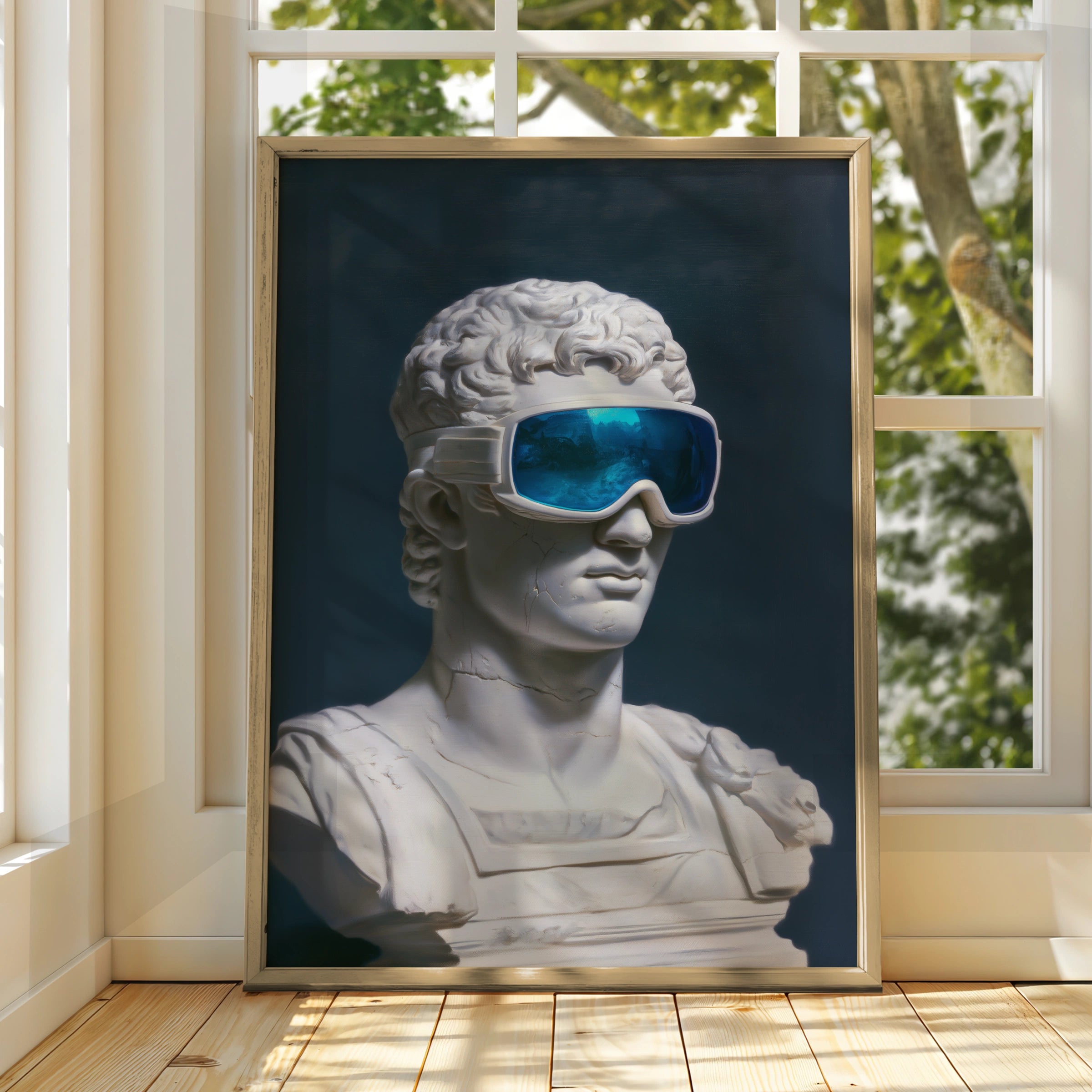 Roman Bust Goggles Poster, Classical Sculpture Wall Art, Pop Art Print