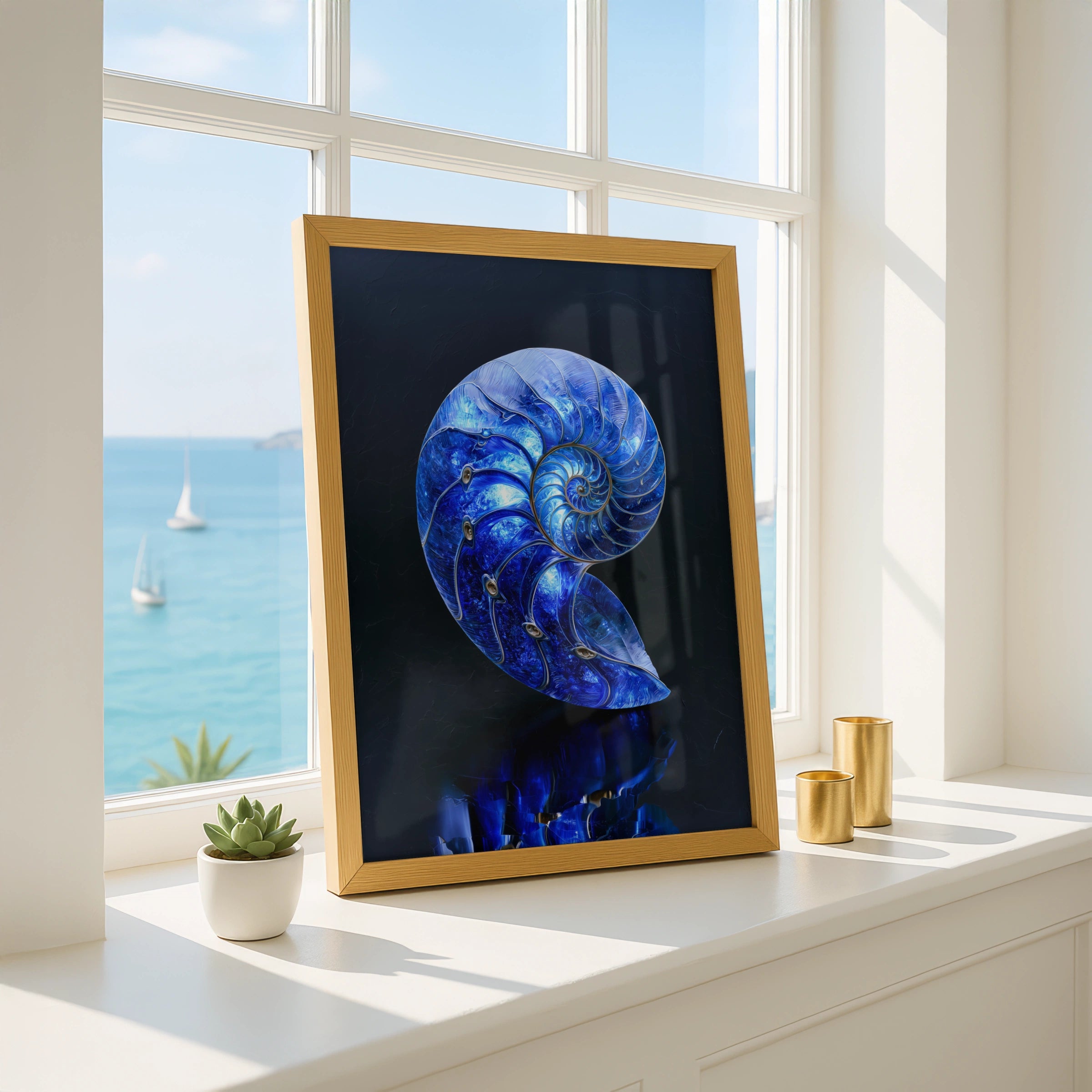 Sapphire Nautilus Shell Poster, Blue Spiral Art Print, Ocean Nature Wall Art
