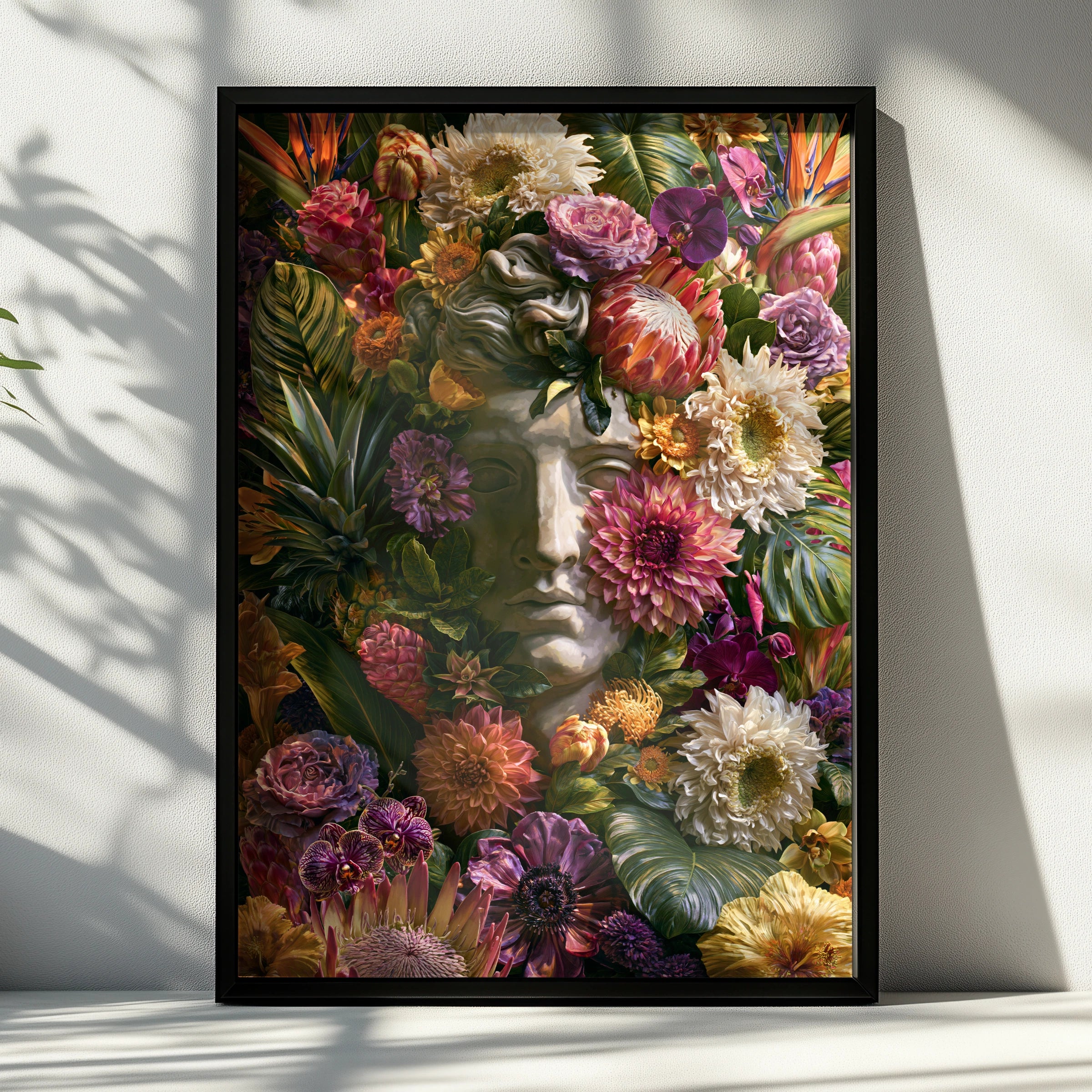 Roman Statue Floral Poster, Greek Bust Tropical Plants, Bold Botanical Wall Art