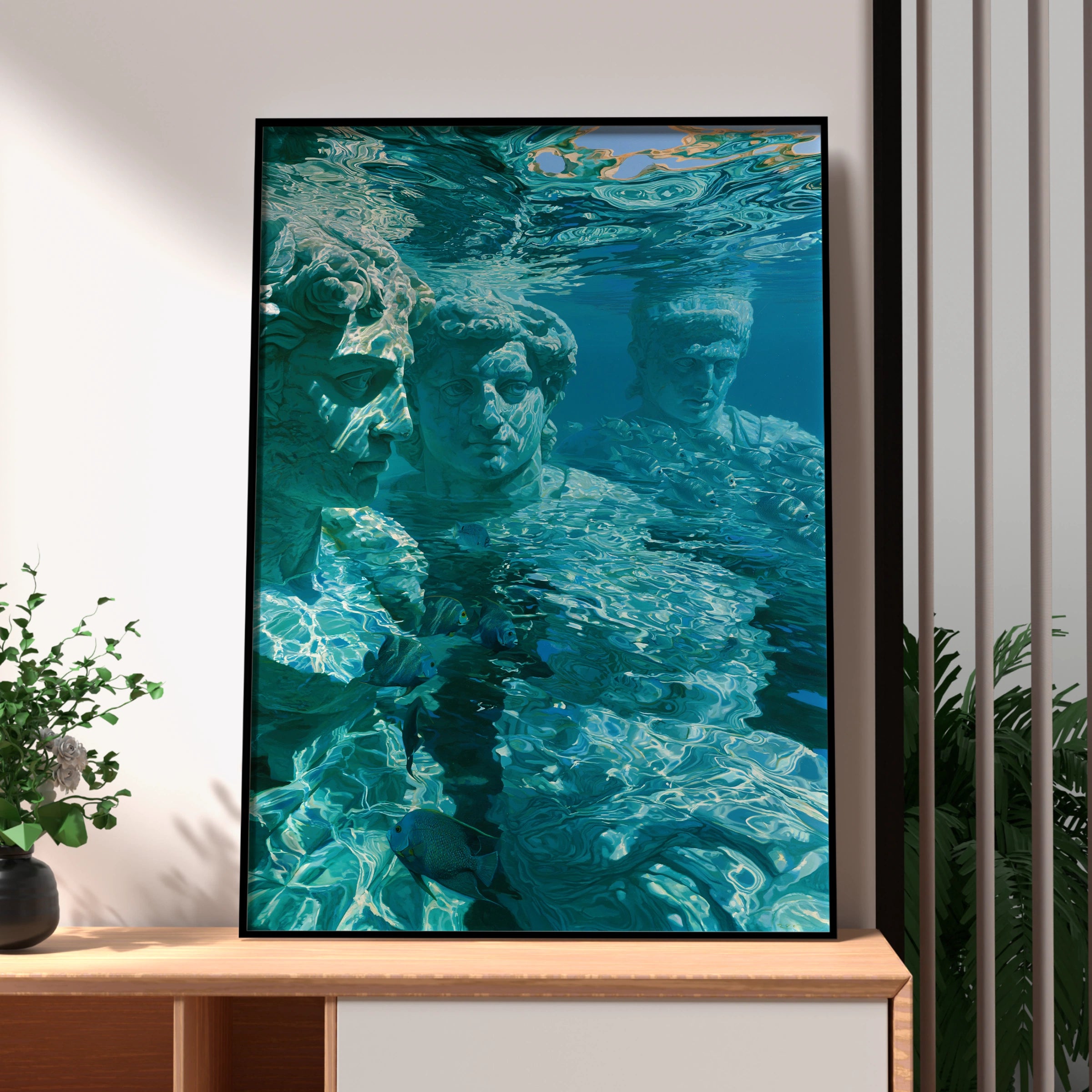 Roman Statues Underwater Wall Art Poster, Ancient Greek Sculpture Print, Teal