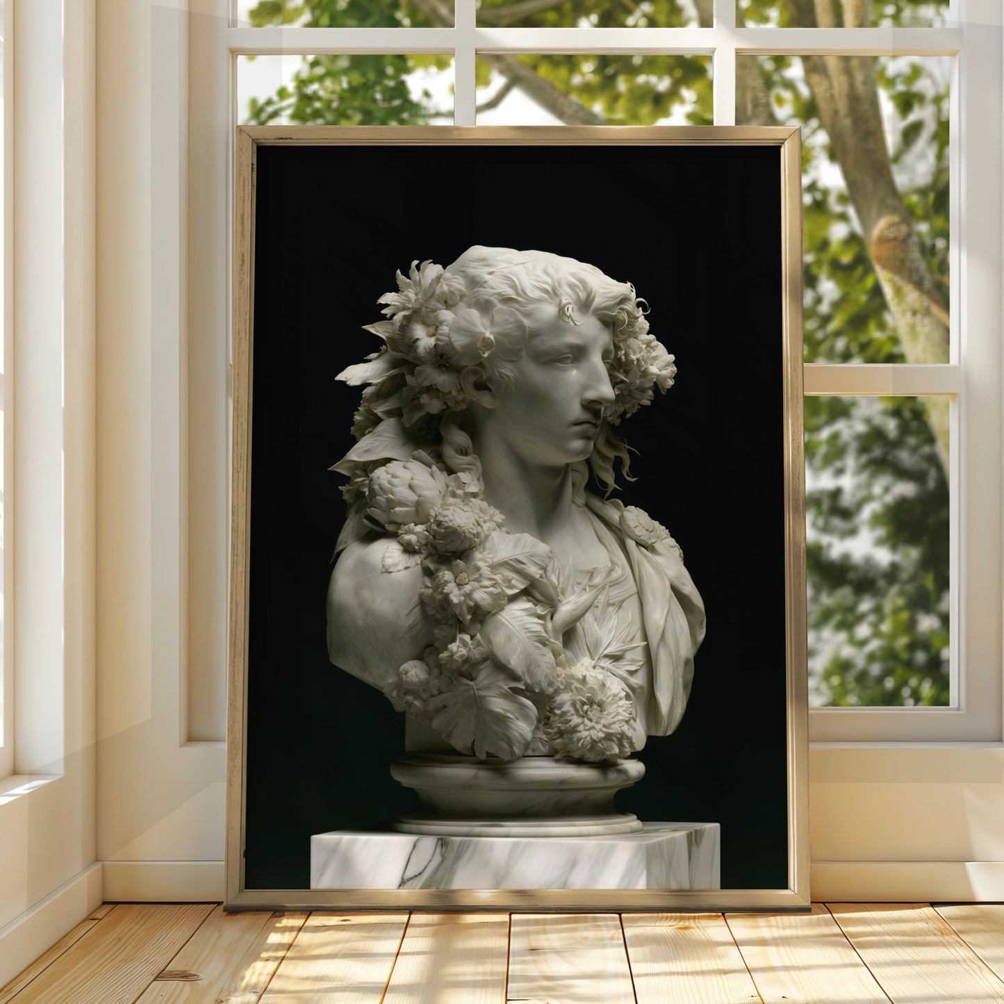 Roman Marble Bust Poster, Classical Sculpture Floral Print, Neoclassical Art