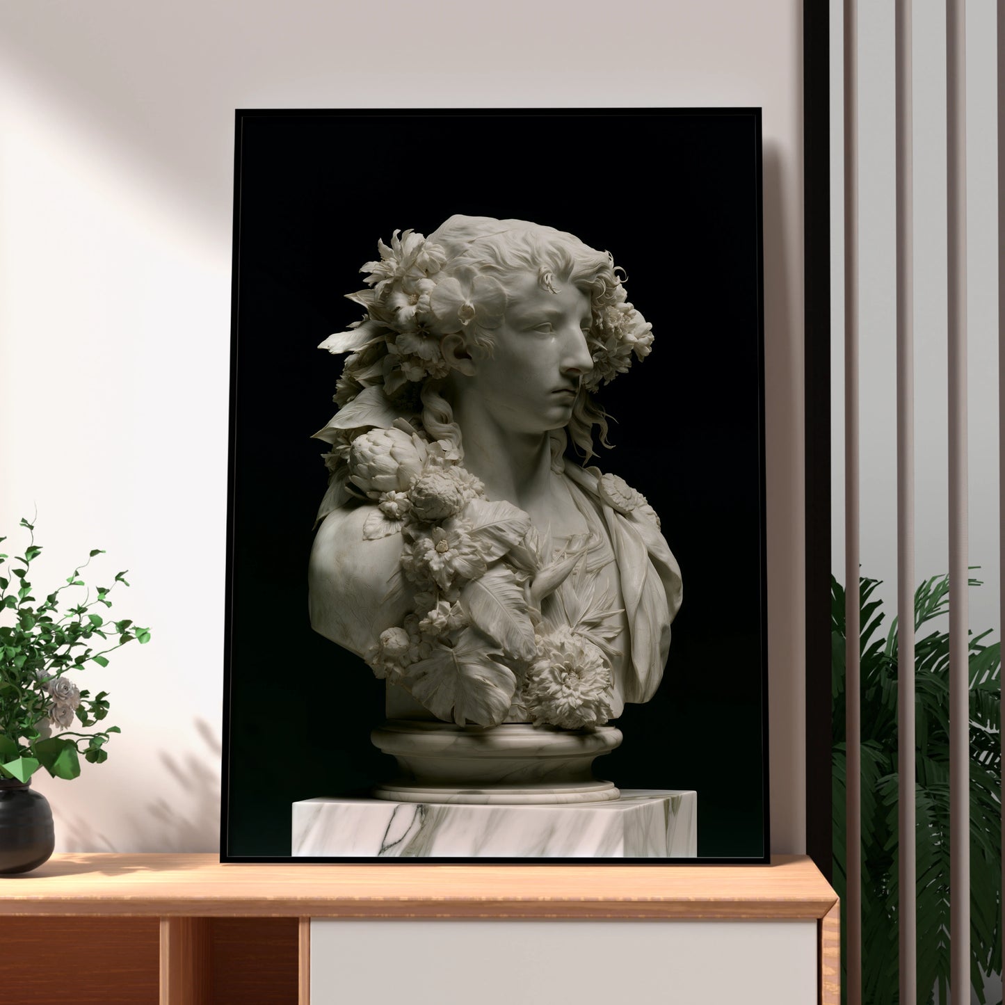 Roman Marble Bust Poster, Classical Sculpture Floral Print, Neoclassical Art