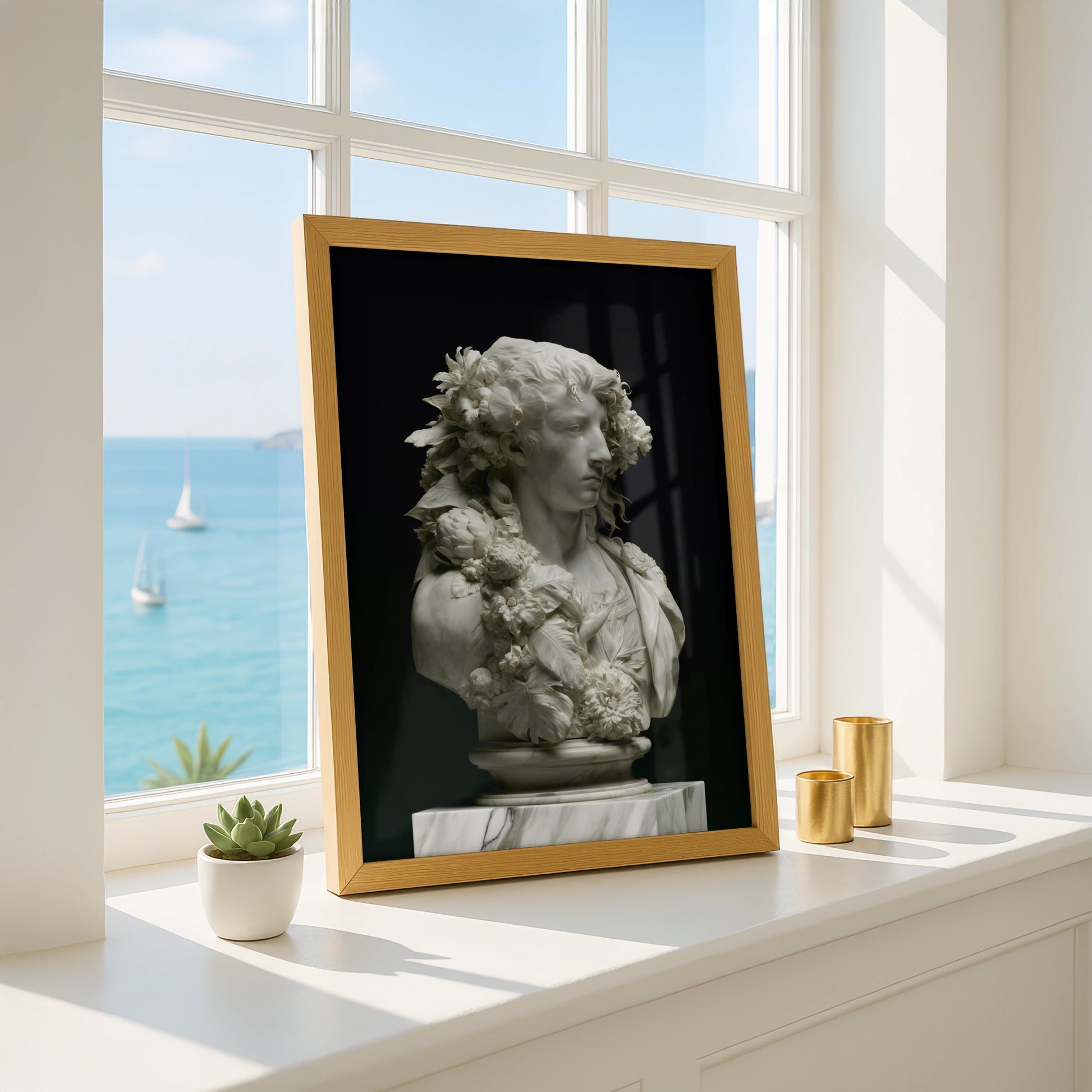 Roman Marble Bust Poster, Classical Sculpture Floral Print, Neoclassical Art