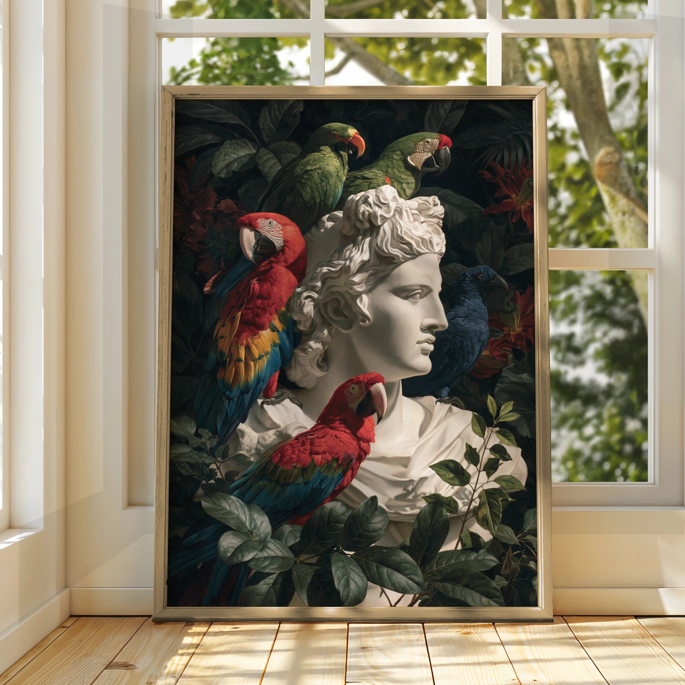 Roman Statue Parrots Poster, Greek Bust Tropical Birds, Dark Botanical Wall Art