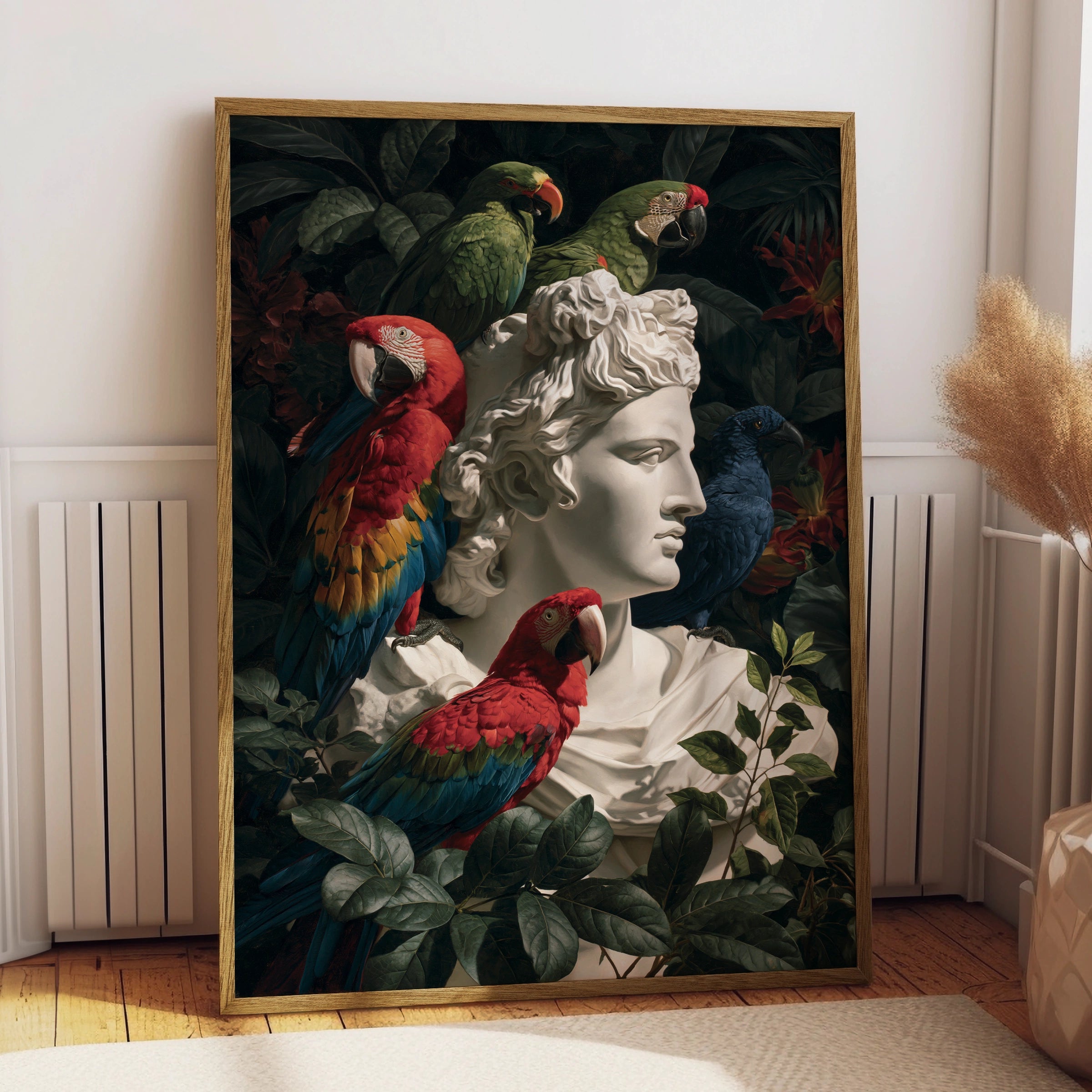 Roman Statue Parrots Poster, Greek Bust Tropical Birds, Dark Botanical Wall Art