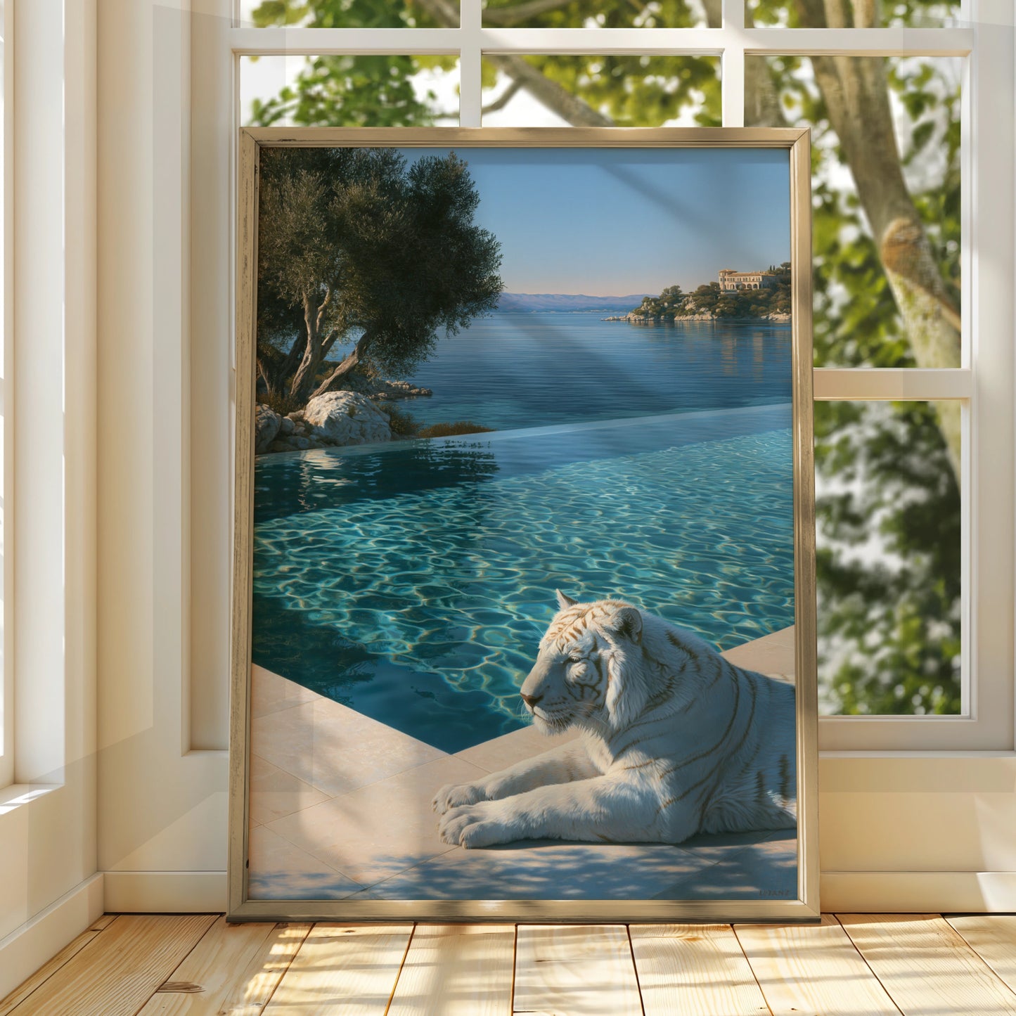 White Tiger by Infinity Pool, Luxury Villa Poster, Realist Art Print