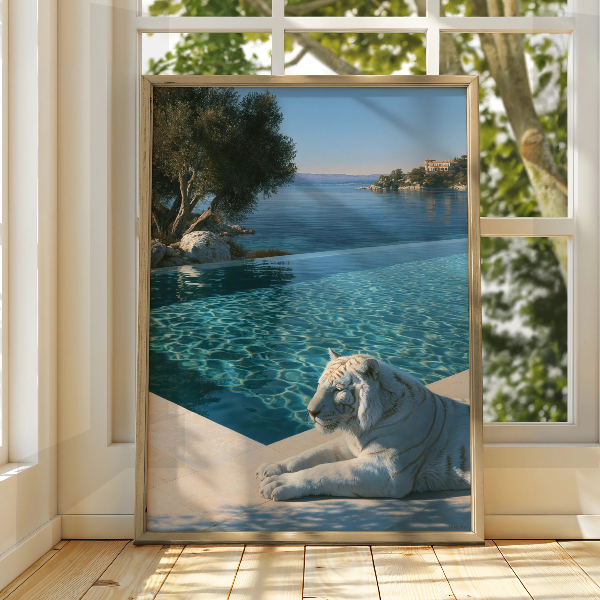 White Tiger by Infinity Pool, Luxury Villa Poster, Realist Art Print
