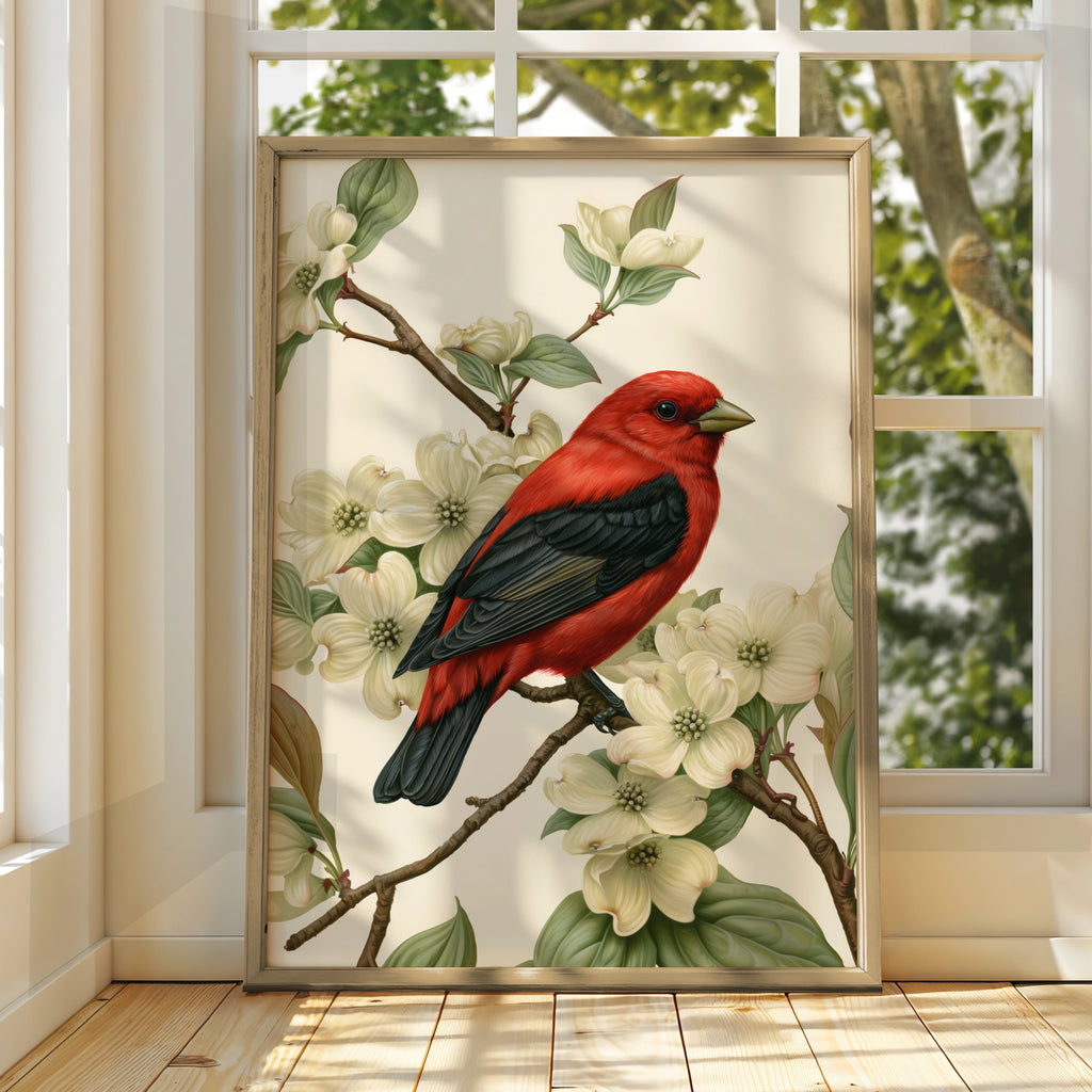 Red Bird on Dogwood Blossom Poster, Scarlet Tanager botanical illustration print