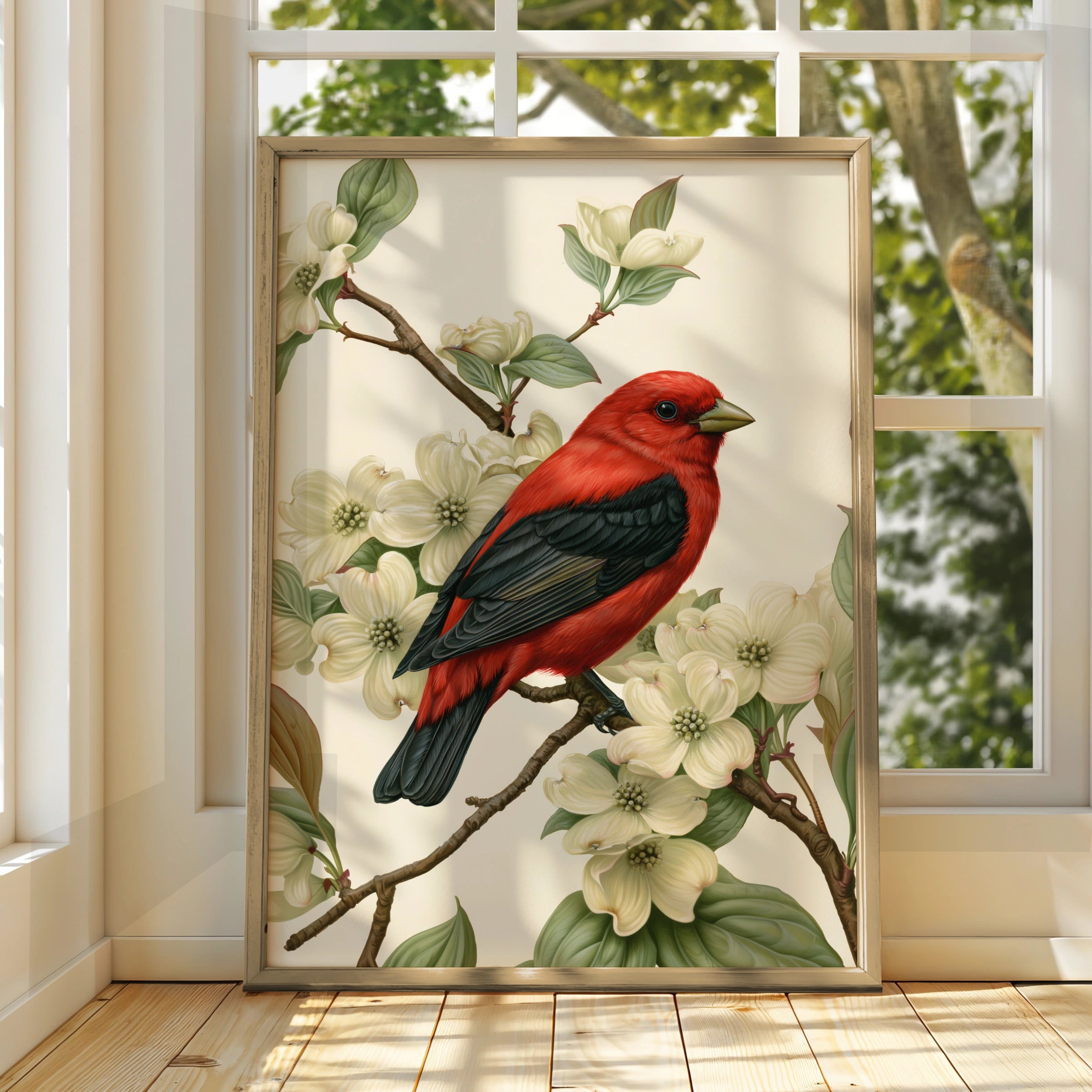 Red Bird on Dogwood Blossom Poster, Scarlet Tanager botanical illustration print