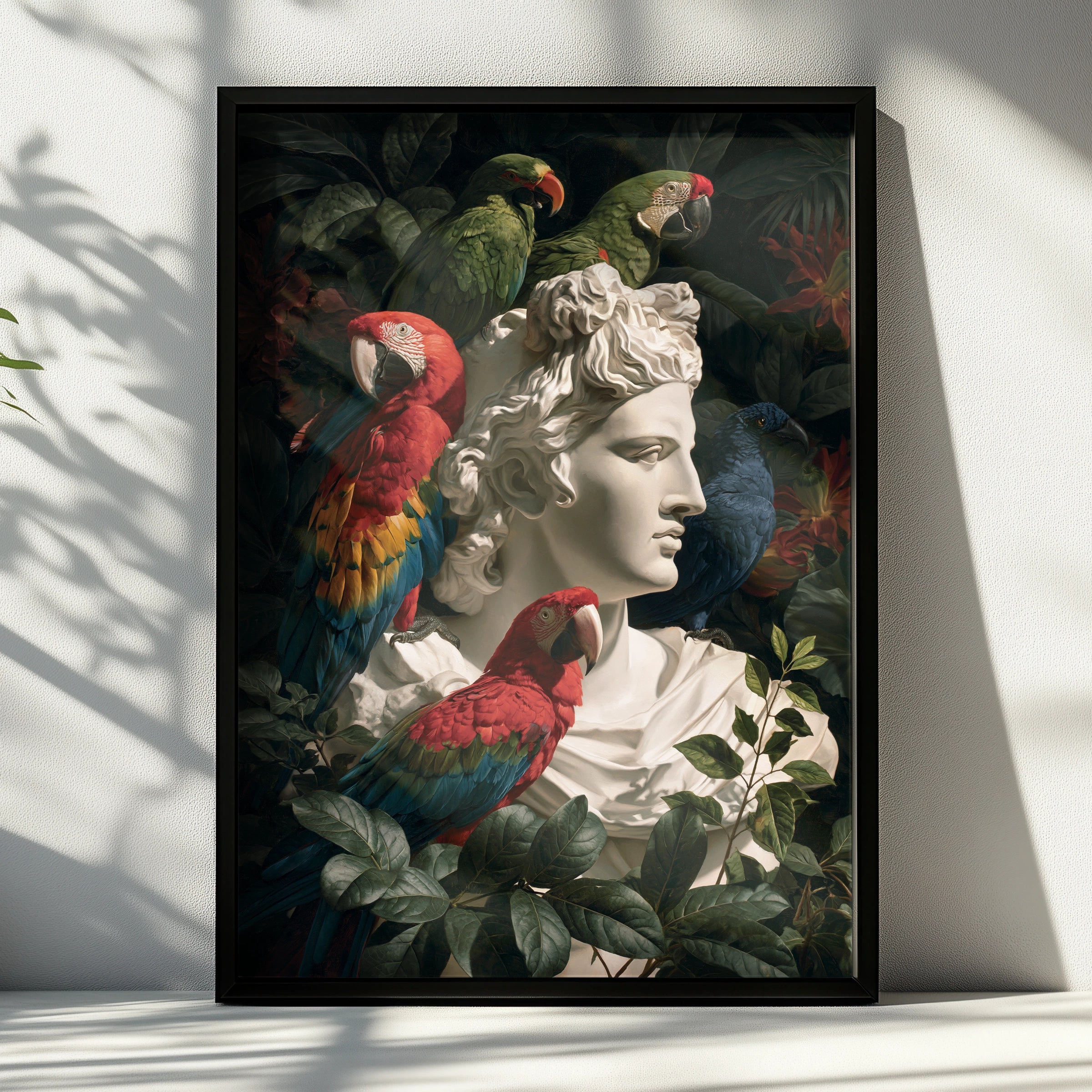 Roman Statue Parrots Poster, Greek Bust Tropical Birds, Dark Botanical Wall Art