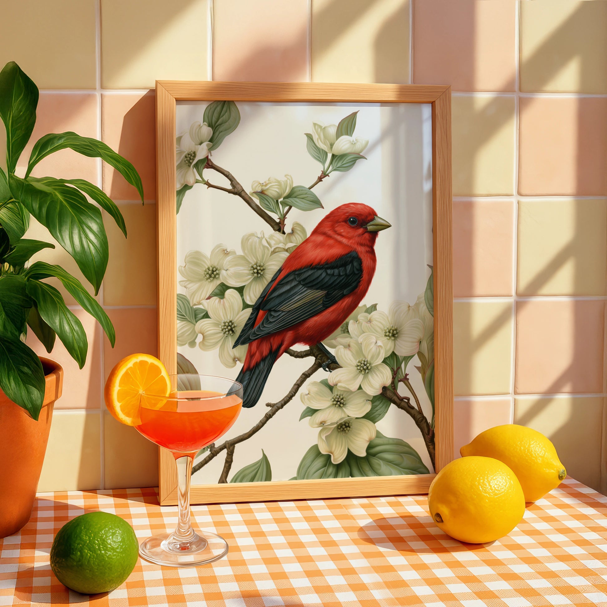 Red Bird on Dogwood Blossom Poster, Scarlet Tanager botanical illustration print