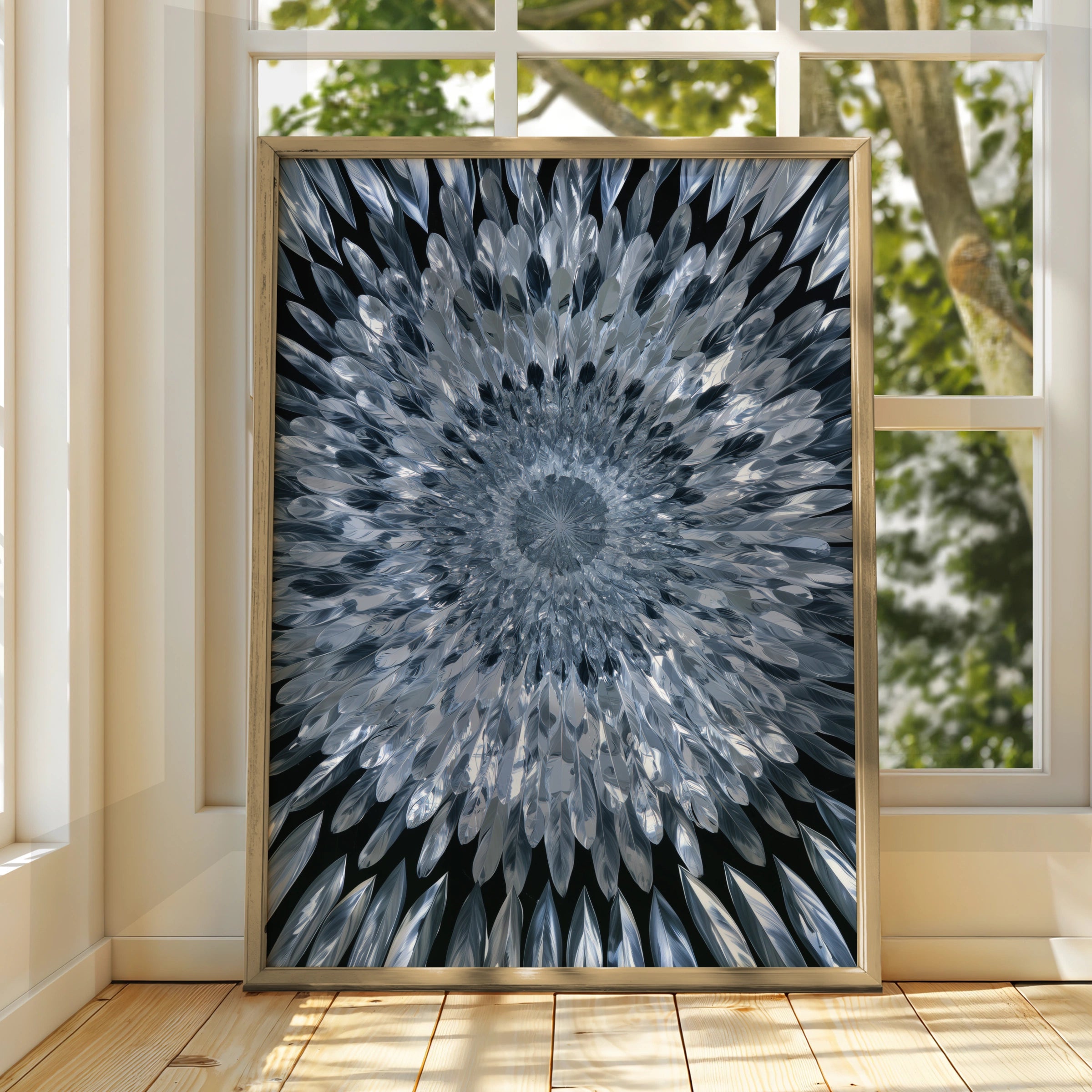Mirror Feathers Mandala Poster, Silver Blue Abstract Wall Art Print