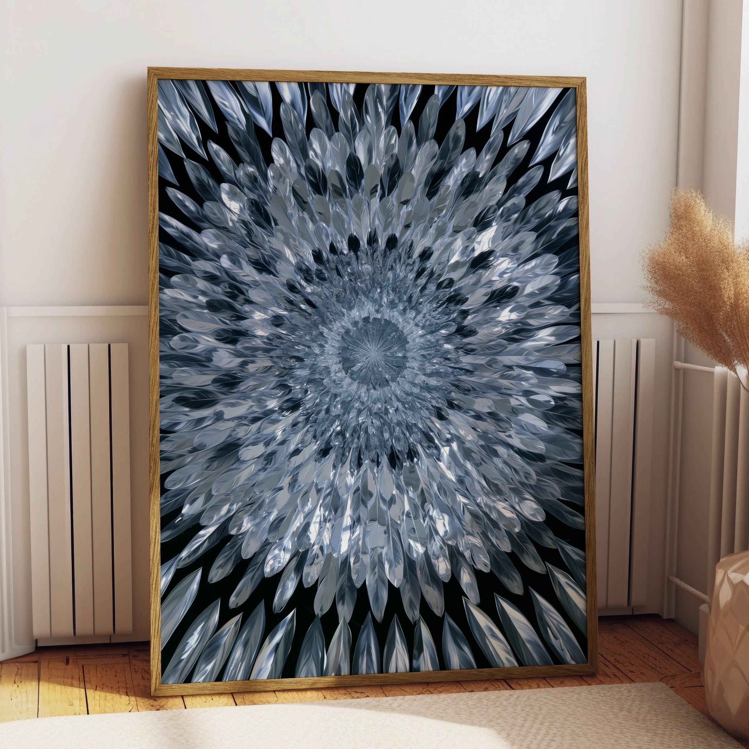 Mirror Feathers Mandala Poster, Silver Blue Abstract Wall Art Print