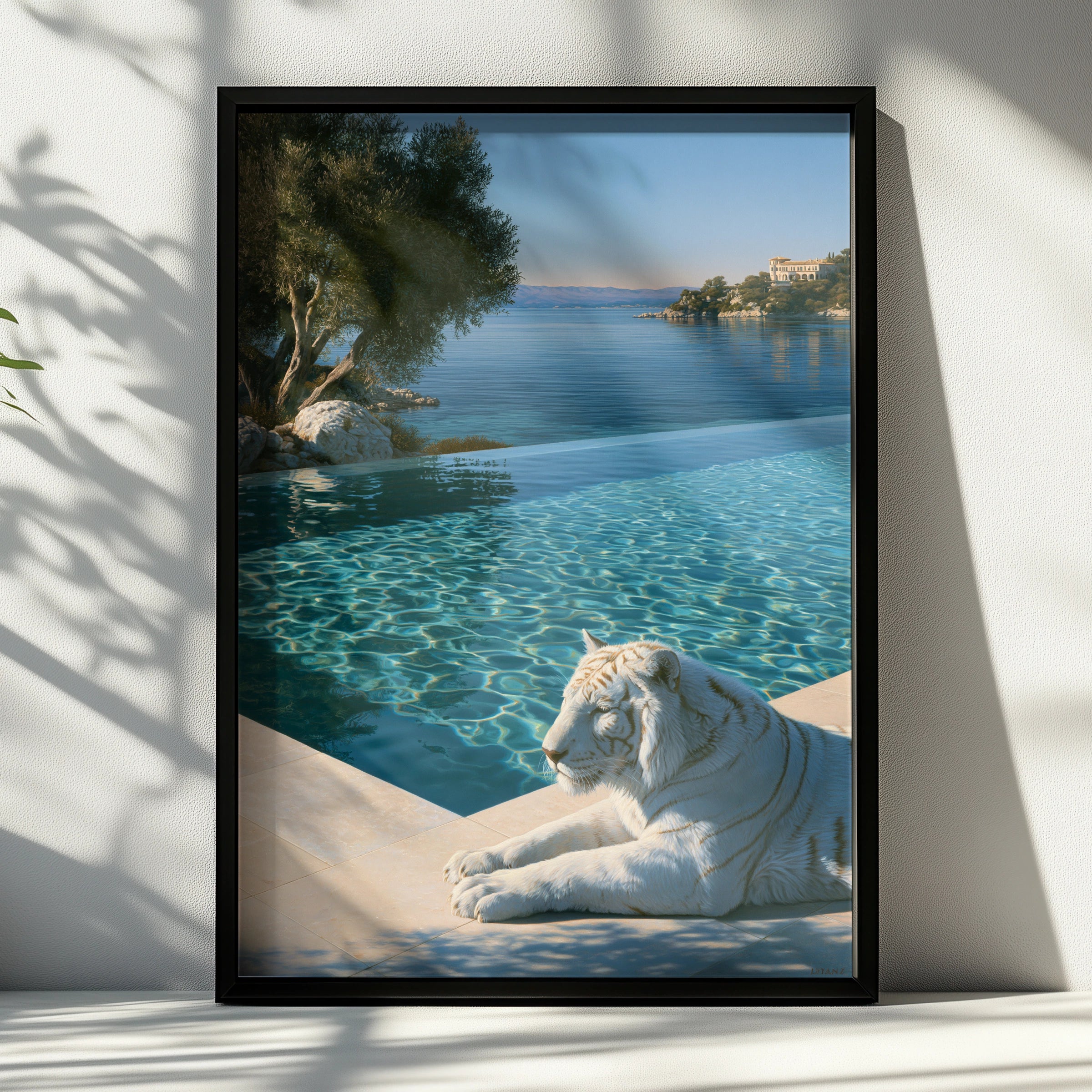 White Tiger by Infinity Pool, Luxury Villa Poster, Realist Art Print