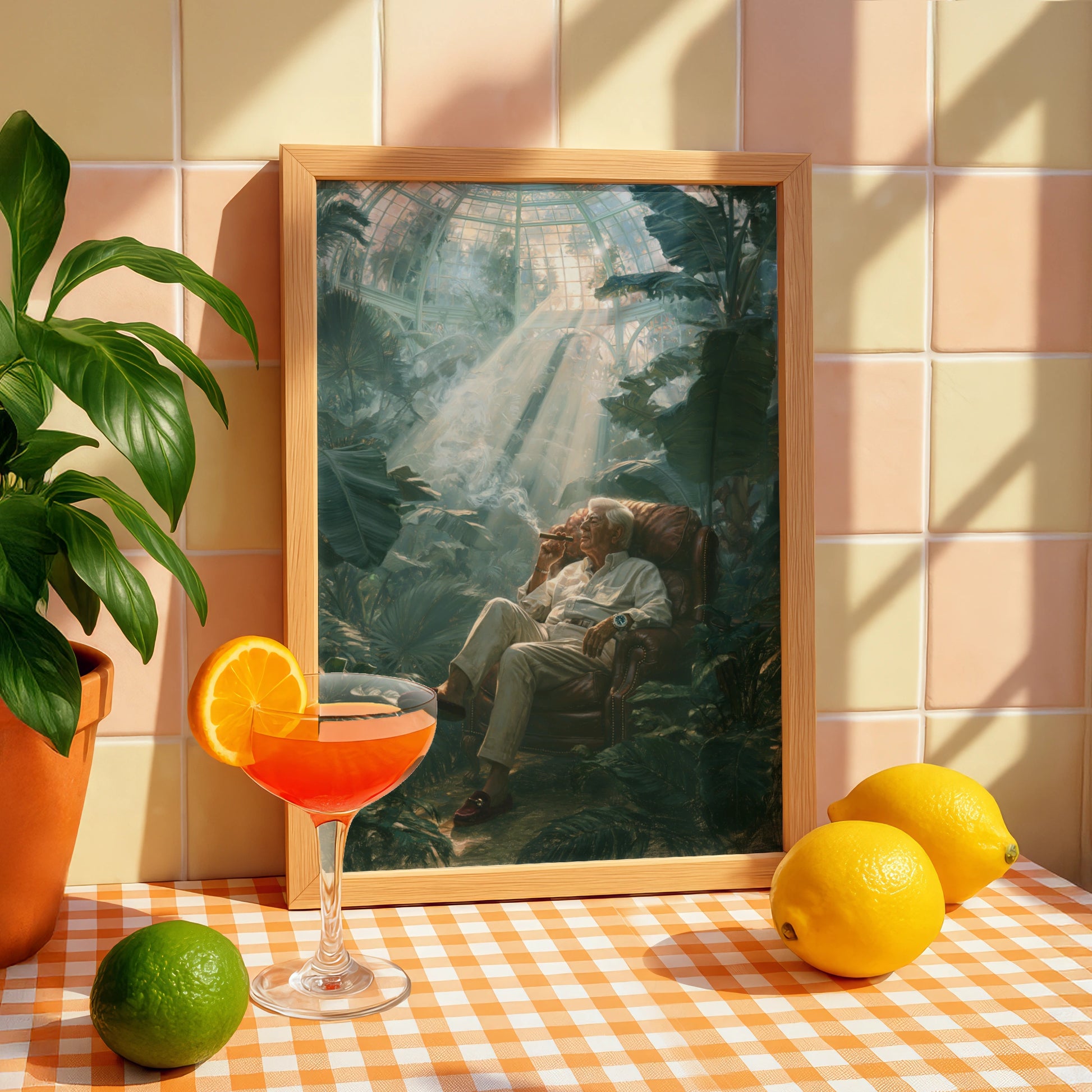 Grandfather Smoking Cigar in Greenhouse, Wall Art Poster, Classical Oil Painting Style