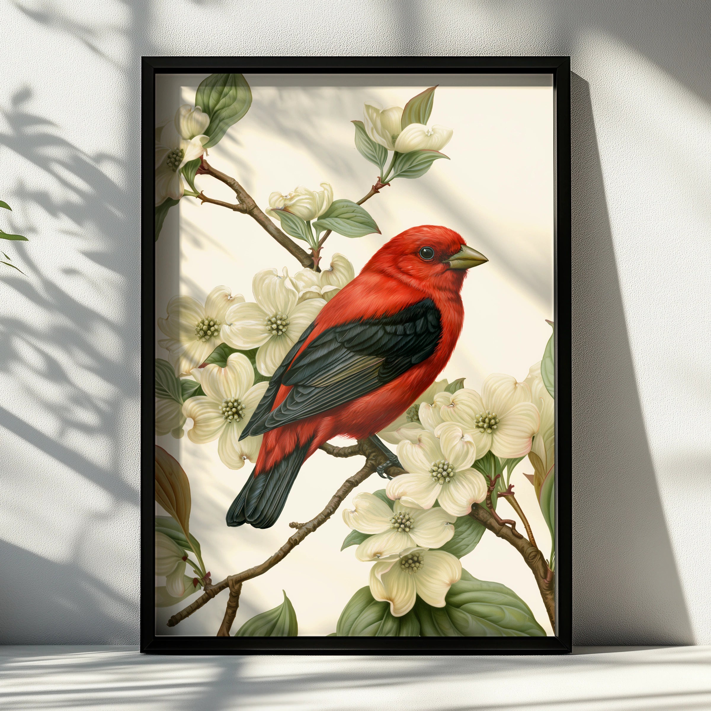 Red Bird on Dogwood Blossom Poster, Scarlet Tanager botanical illustration print
