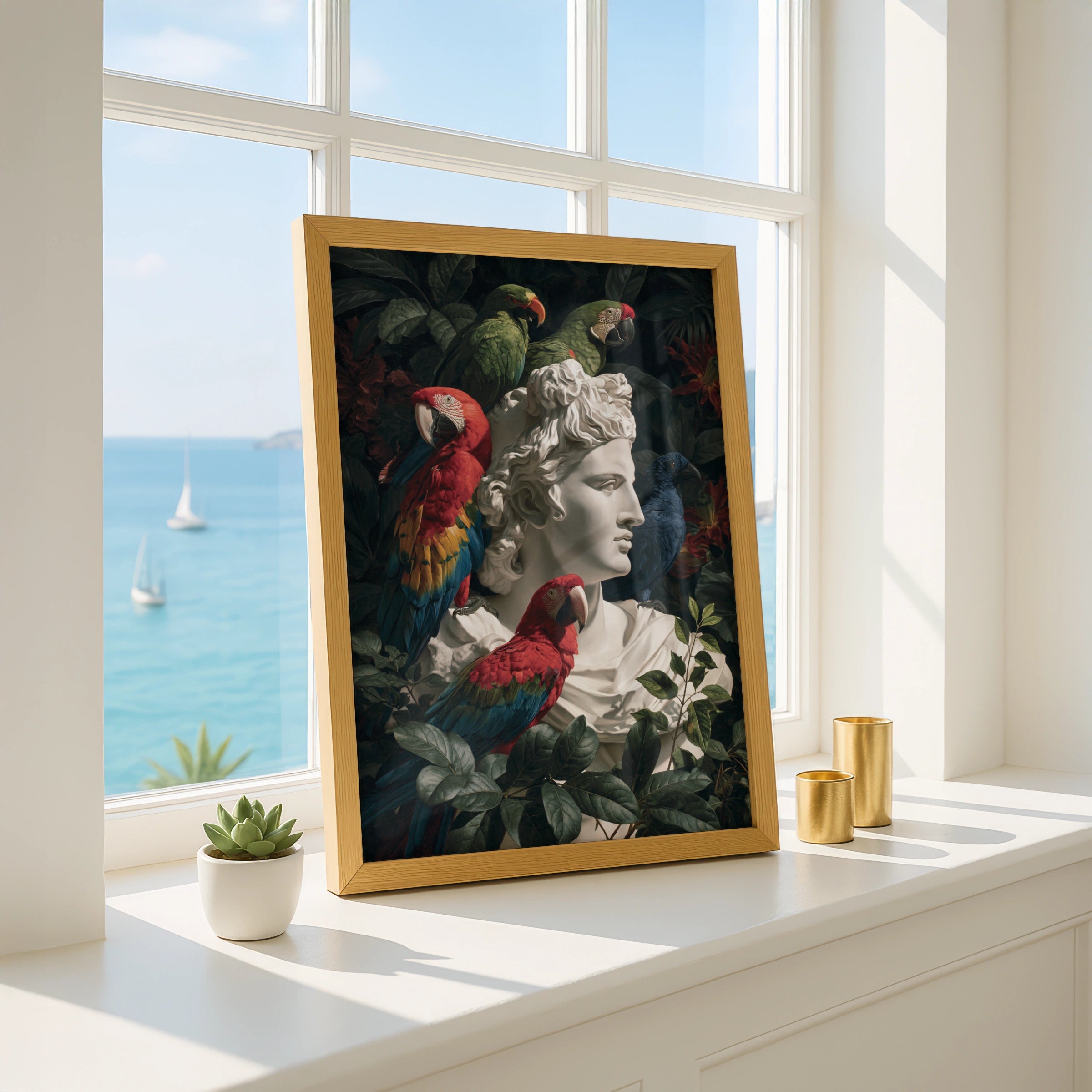 Roman Statue Parrots Poster, Greek Bust Tropical Birds, Dark Botanical Wall Art