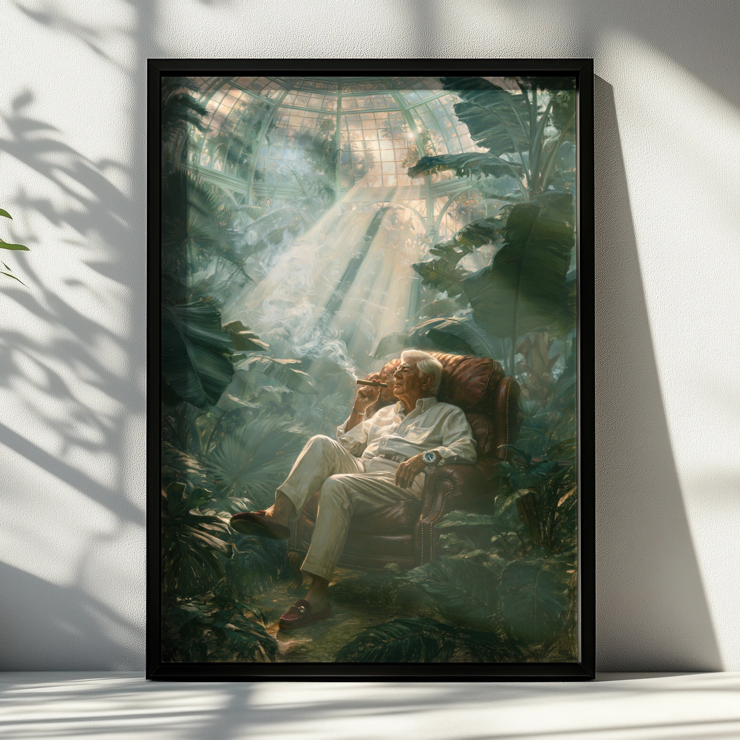 Grandfather Smoking Cigar in Greenhouse, Wall Art Poster, Classical Oil Painting Style