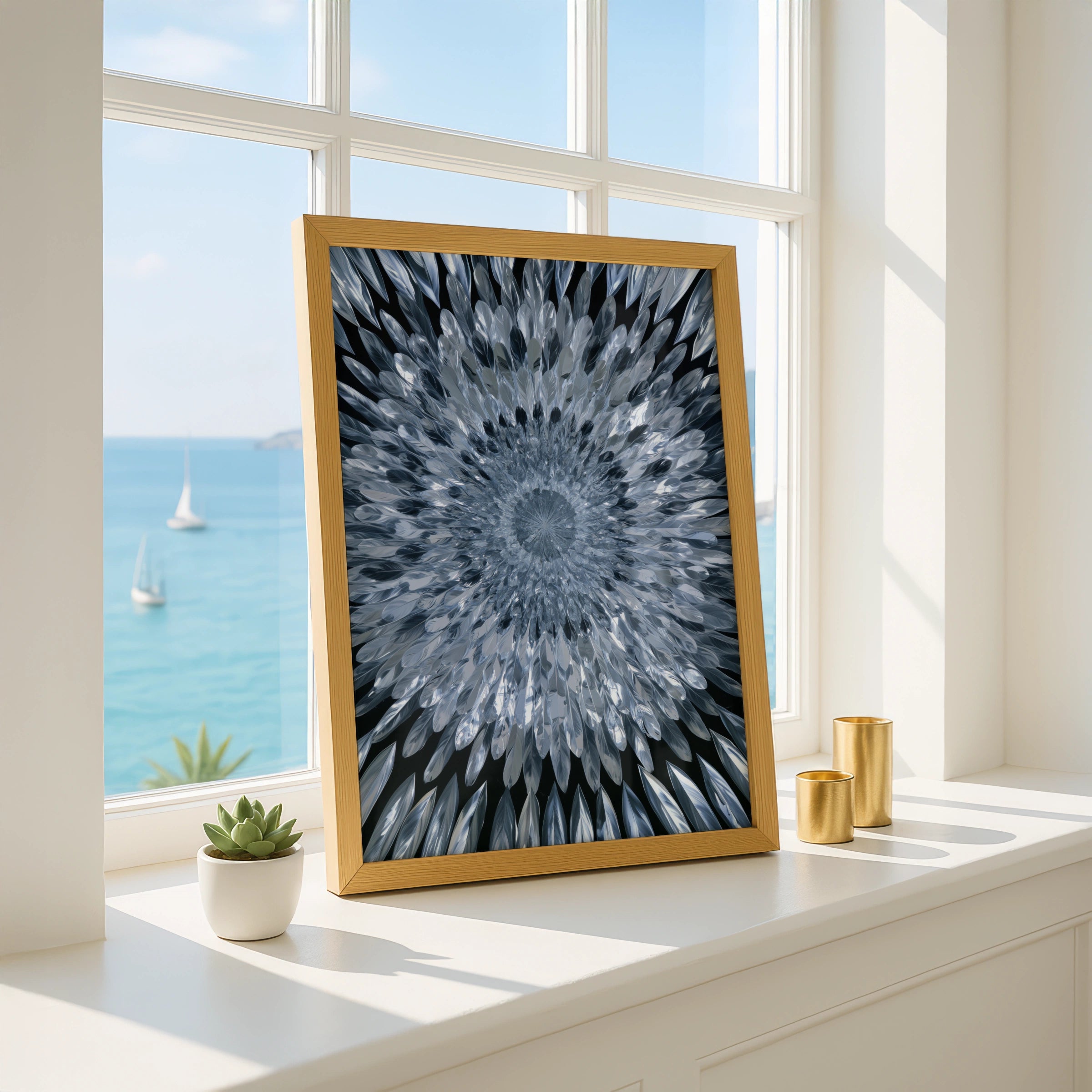 Mirror Feathers Mandala Poster, Silver Blue Abstract Wall Art Print