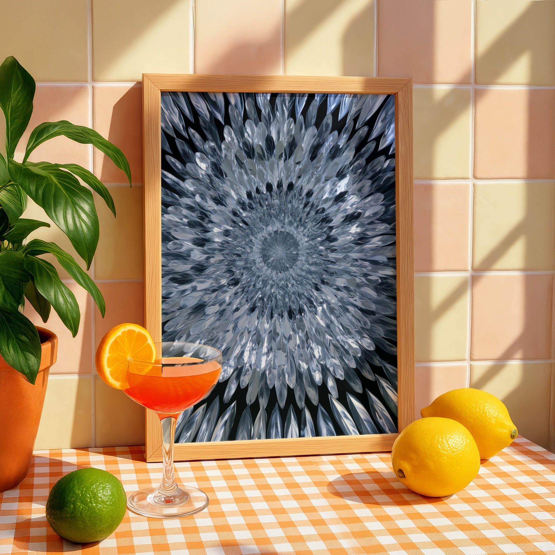 Mirror Feathers Mandala Poster, Silver Blue Abstract Wall Art Print