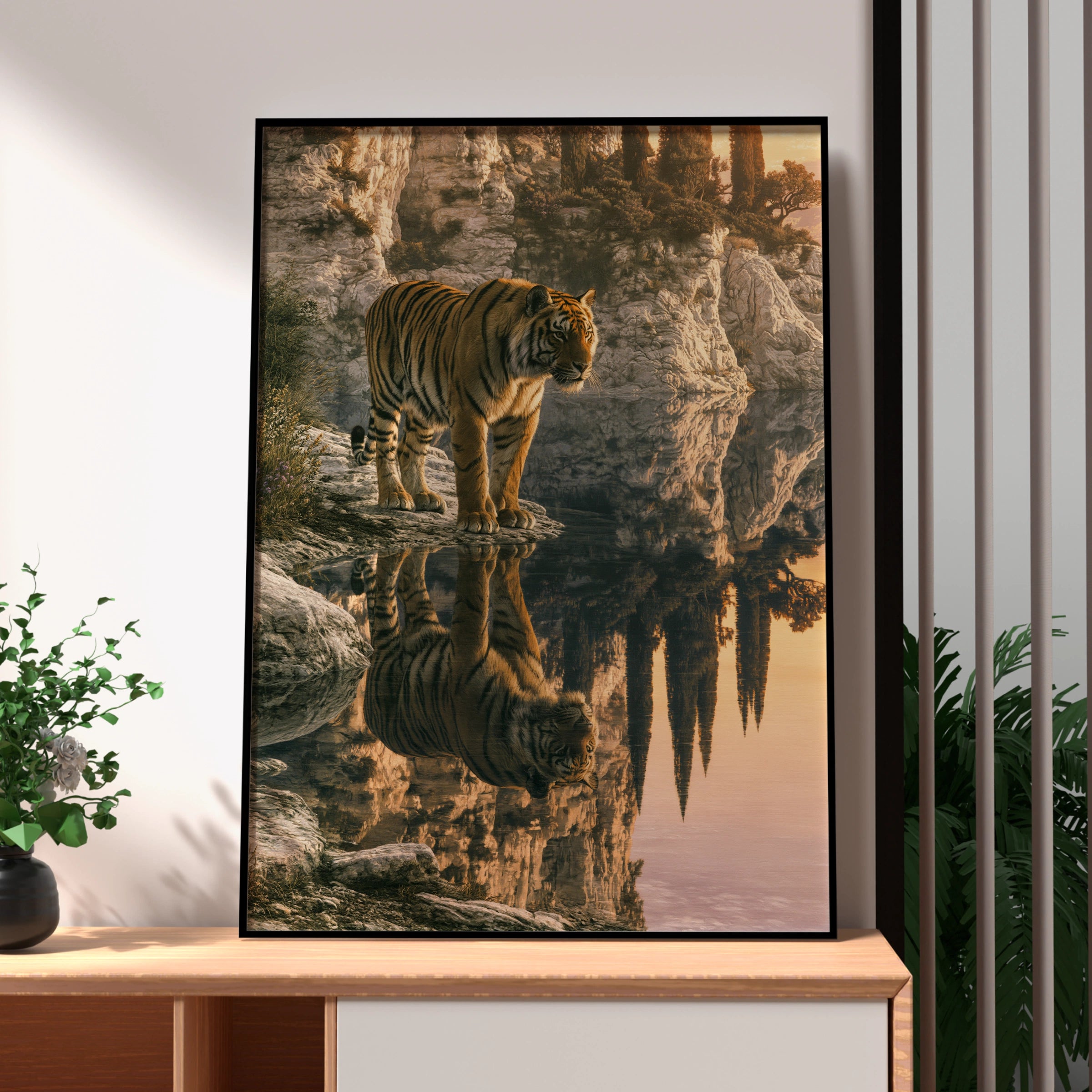 Tiger Water Reflection Poster, Rocky Cliffside Sunset, Wildlife Wall Art Print
