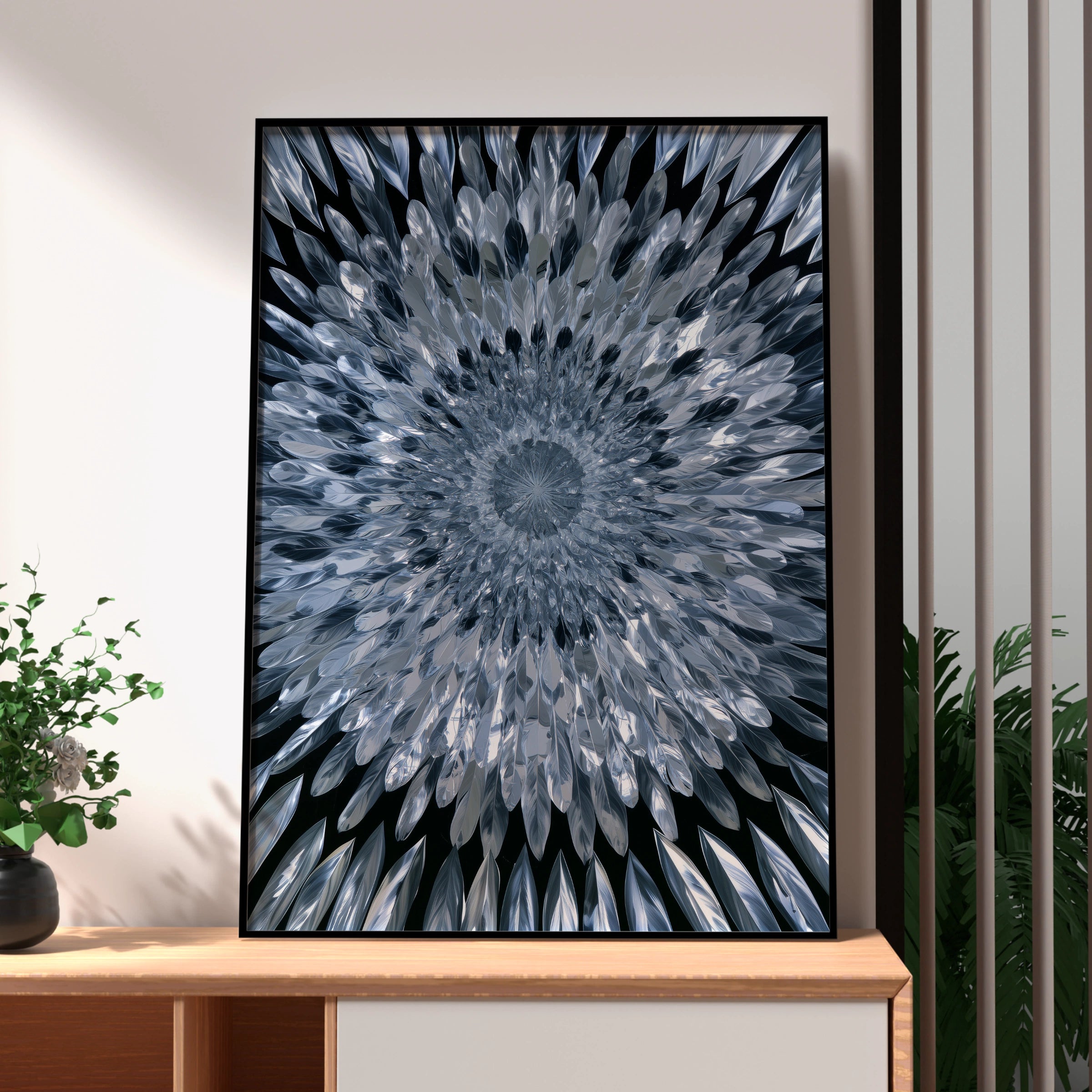 Mirror Feathers Mandala Poster, Silver Blue Abstract Wall Art Print