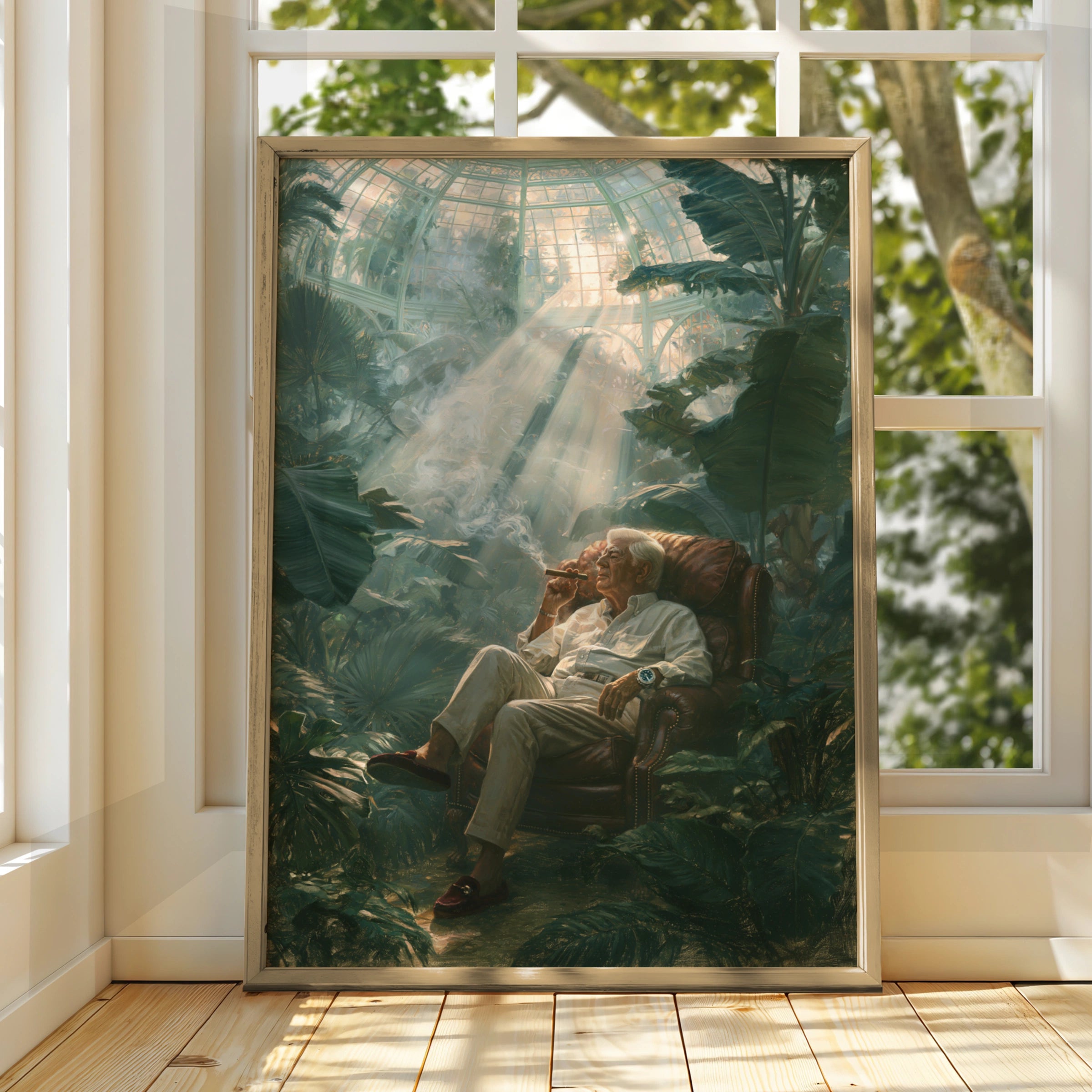Grandfather Smoking Cigar in Greenhouse, Wall Art Poster, Classical Oil Painting Style