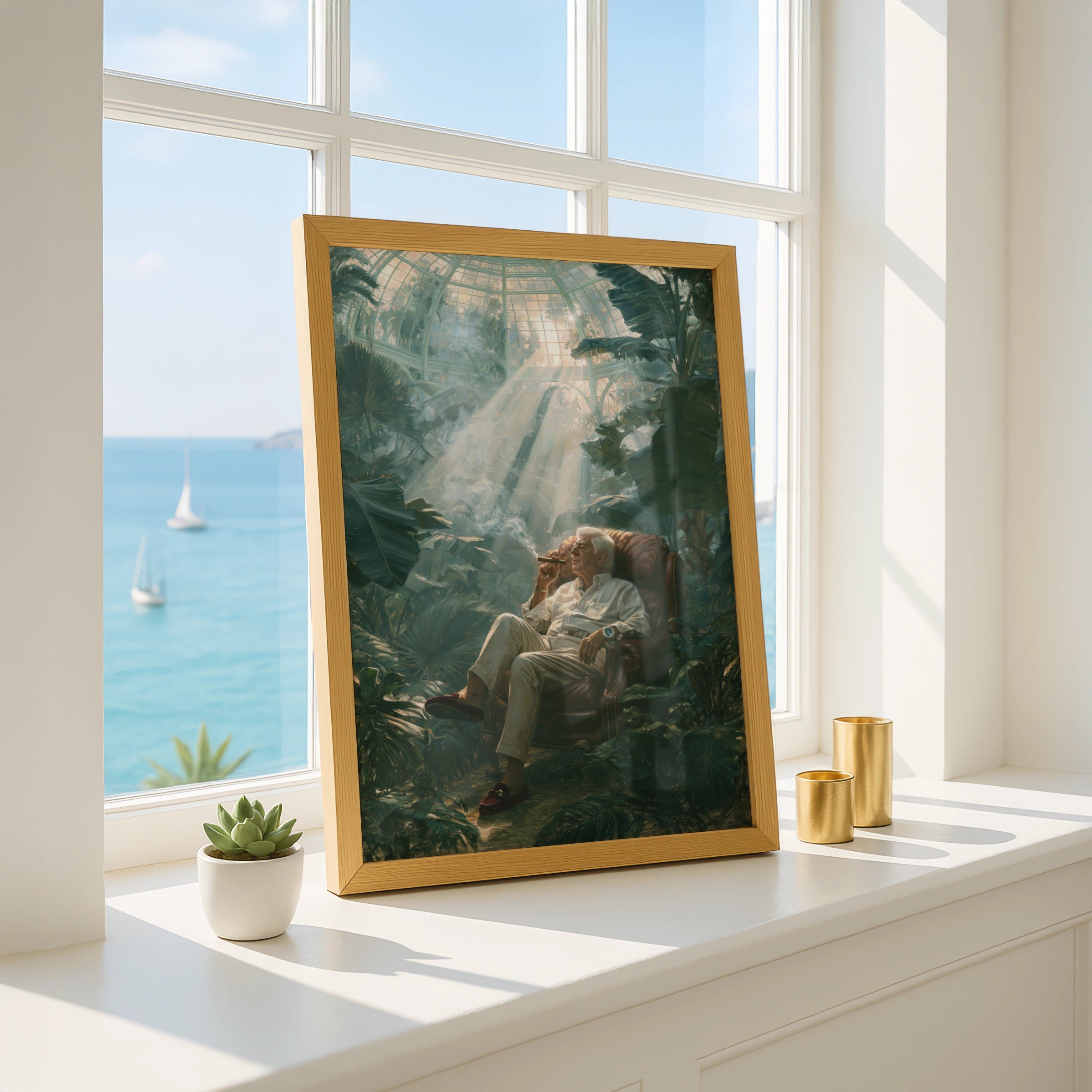 Grandfather Smoking Cigar in Greenhouse, Wall Art Poster, Classical Oil Painting Style